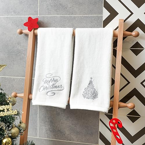 Vista 12 de Paquete de 2 toallas de mano de Navidad, 100% algodón, 100% algodón, para decoración de baño y cocina, toallas de mano navideñas con lazo rojo Red