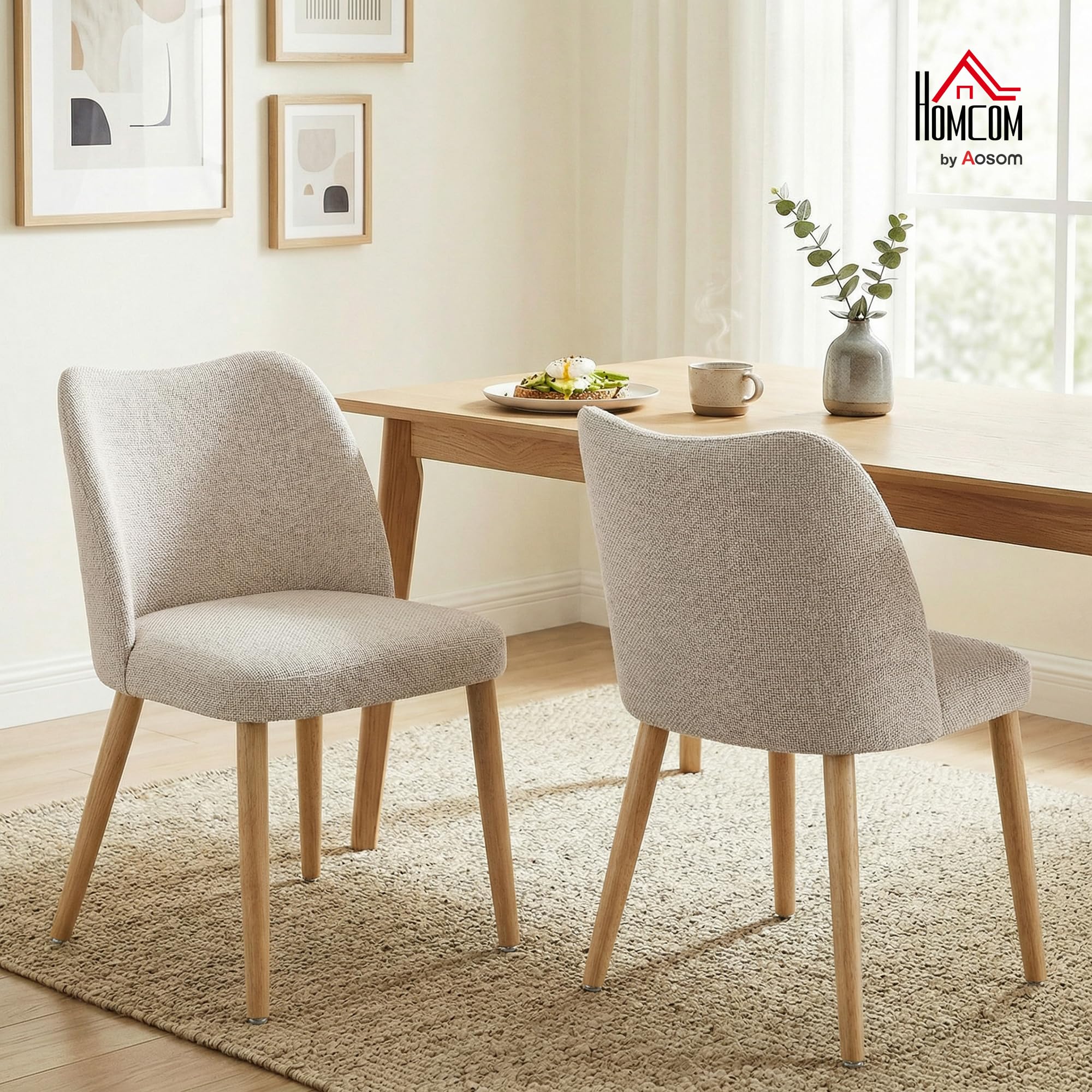 HOMCOM Set di 2 Sedie Sala da Pranzo in Tessuto Effetto Lino, Sedie Cucina Scandinave con Gambe in Legno di Caucciù, Schienale Curvo, Sedia Imbottita per Cucina, Camera da Letto, Soggiorno, Crema