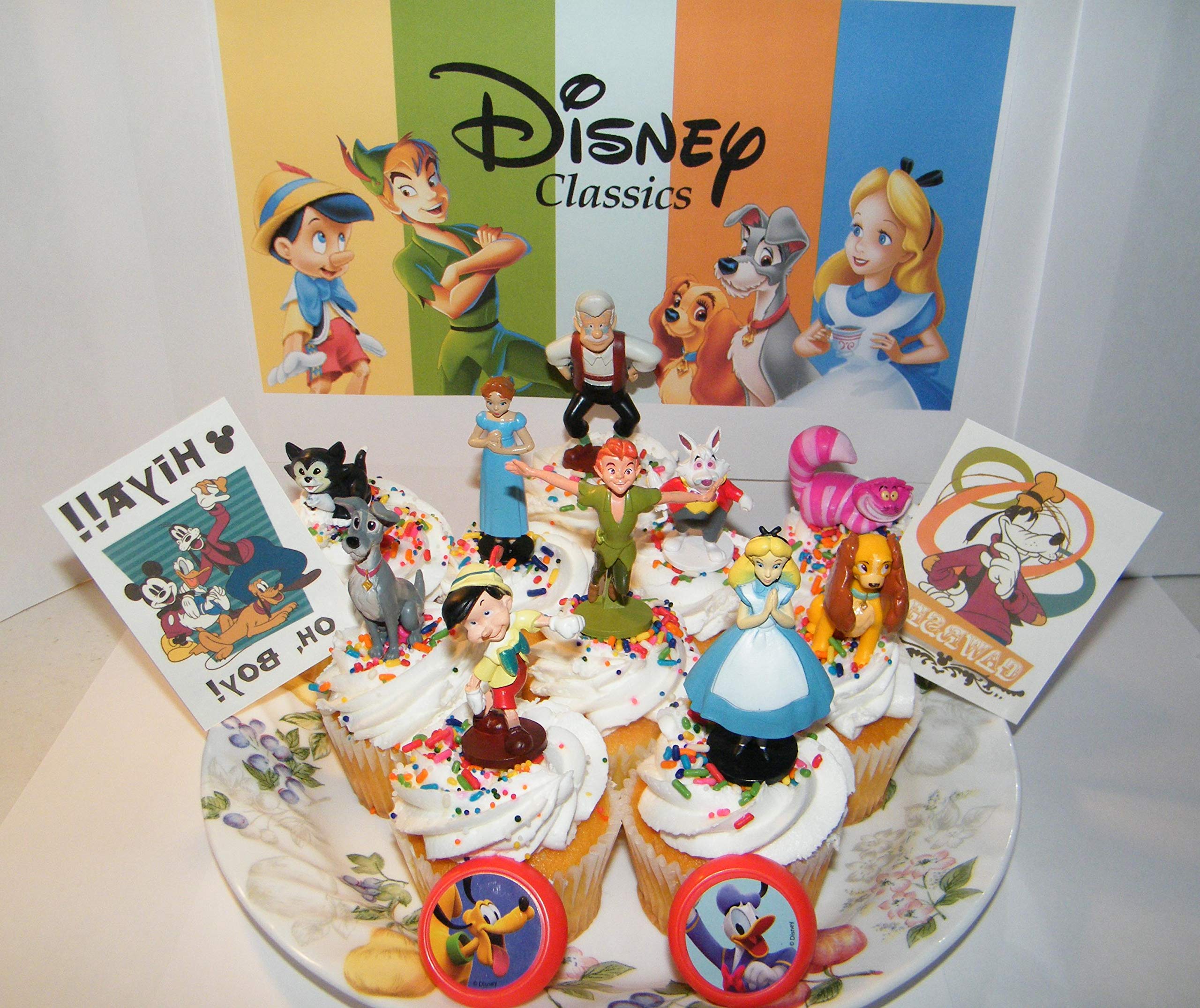 Peter Pan Movie Cake Toppers, Alice in Wonderland Cake Toppers, Pinocchio Movie Cake Toppers, Lady and the Tramp Cake Toppers Cupcake Party Decorations Set of 14