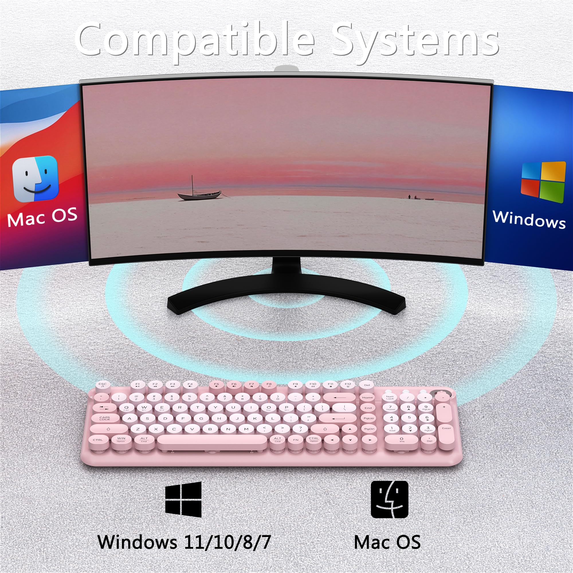 Links9+ Teclado Bluetooth inalámbrico, receptor de 2.4 GHz (rosa) | Batería de larga duración, 2.4G y teclado Bluetooth de modo dual compatible con Windows, macOS, iPad, PC, portátil, tableta