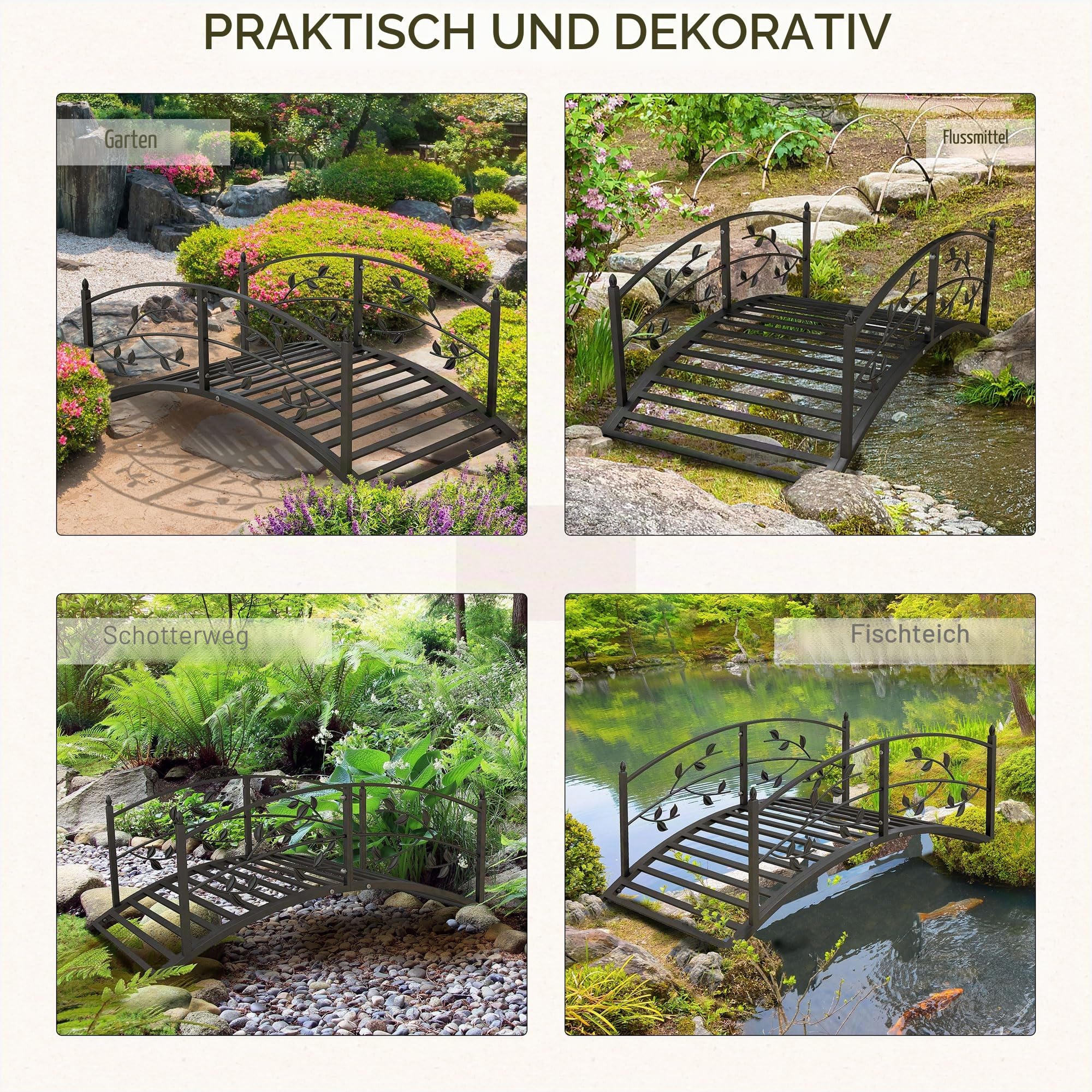 Outsunny Gartenbrücke – Beckenbrücke – Gartendekoration Maße: 119 x 67 x 47 cm (L x B x H) mit Geländer, Motiv Rebe, Stahl, Schwarz