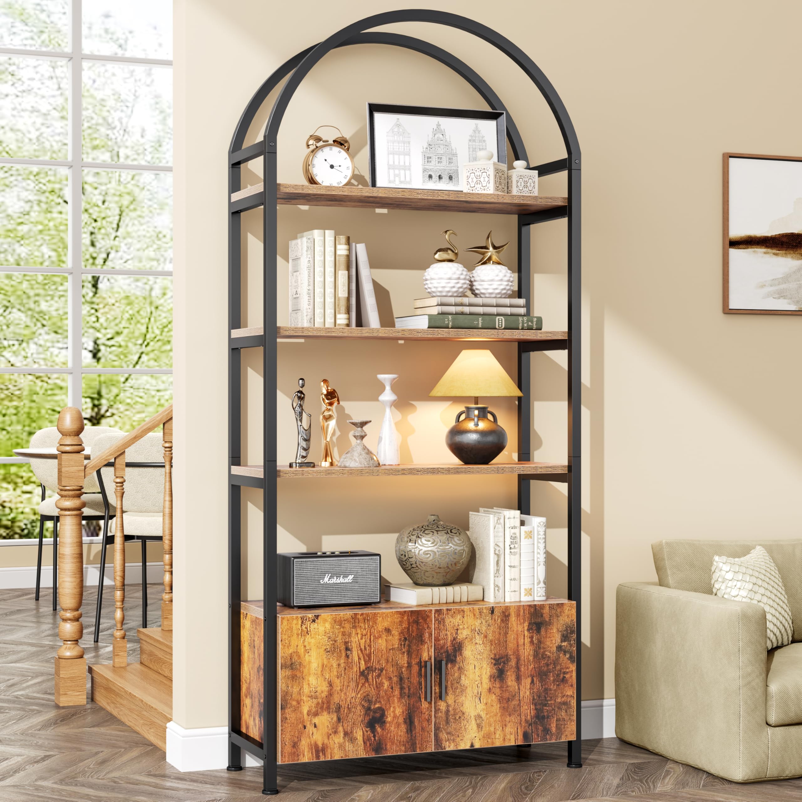 Semoic Arch Bookshelf with Drawer, 71" Industrial Bookcase with Sturdy Metal Frame, Freestanding Display Stand, Living Room, Home Office, Brown