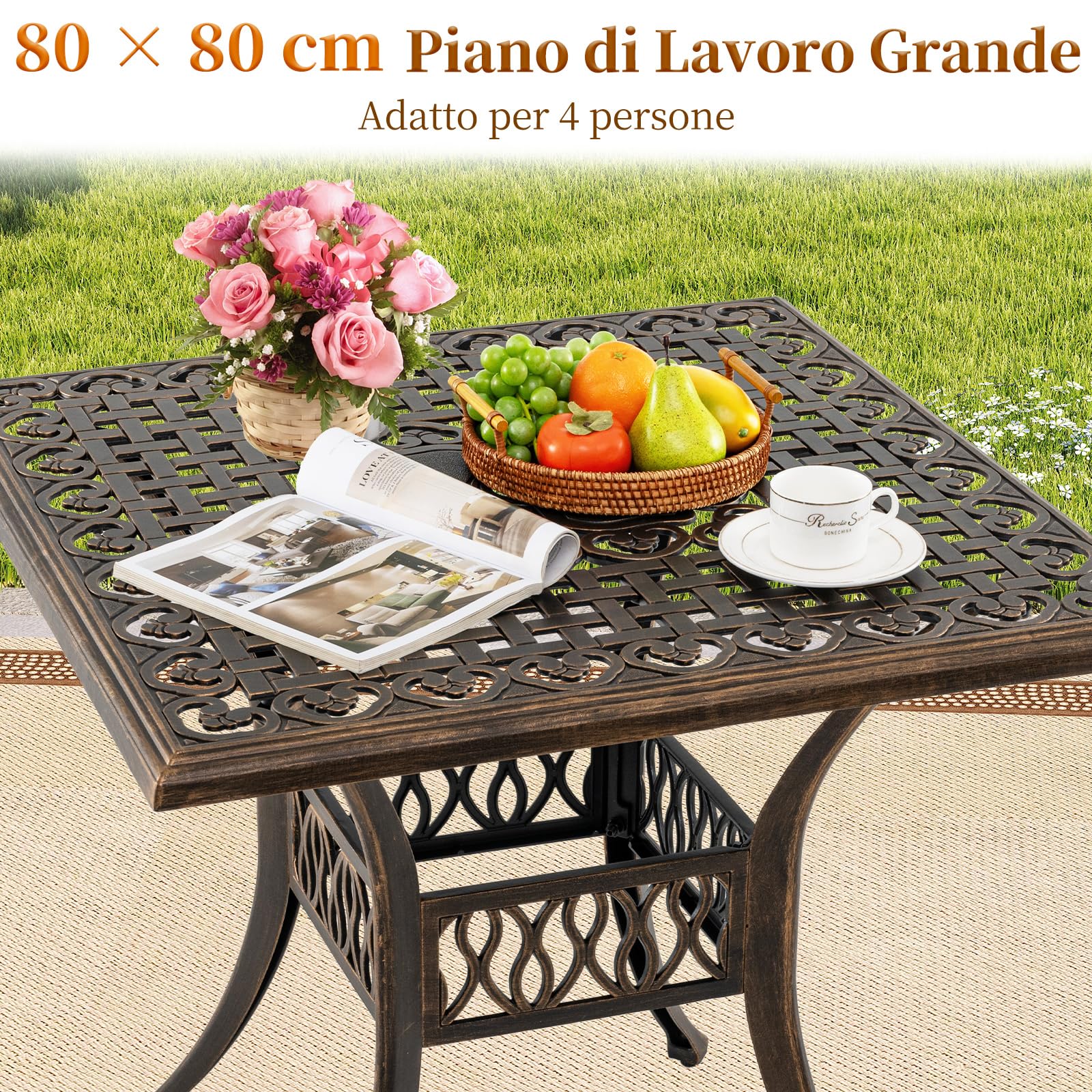 Tavolo Da Giardino Quadrato COSTWAY Per 4 Persone - Con Foro Ombrellone, Piano In Legno E Struttura Metallica - Foto 9