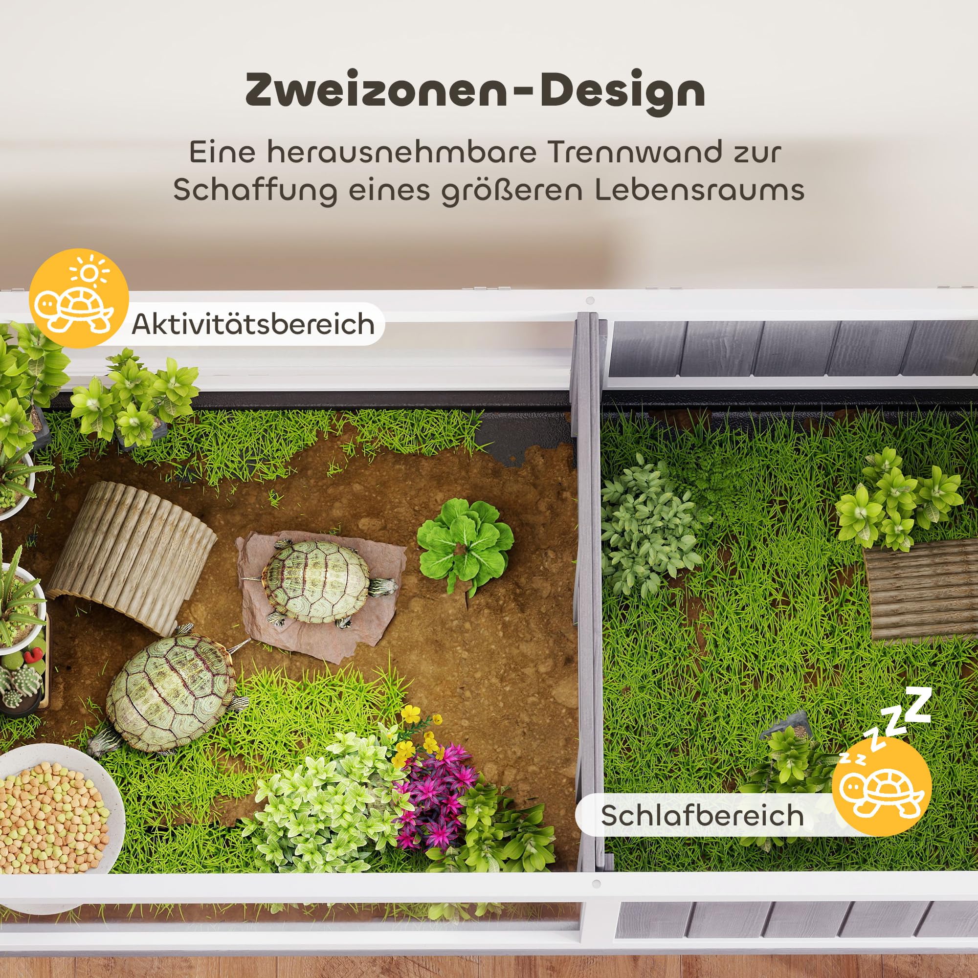 PawHut Schildkrötenhaus aus Holz Schildkrötengehege mit Haupthaus, Sichtfenster, aufklappbarer Deckel, Reptilienkäfig mit Lampenfassung, Futternapf, für Amphibien Indoor Outdoor
