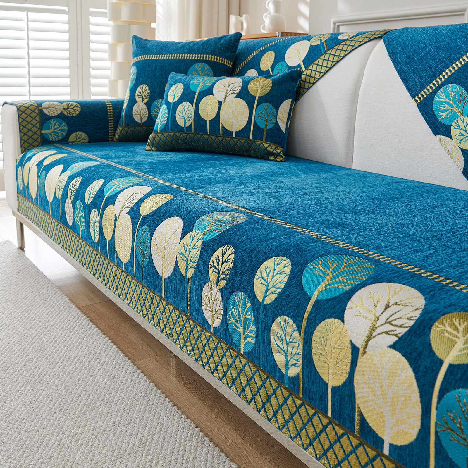 Treer Anti Slip Chenille Sofa Cover,Embroidery Style Tree Pattern Sofa Seat Cover Soft Thick Sofa Cushion Protector Couch Covers Four Seasons L Shape/Corner Sofa Protector (110x180cm,Dark Blue)