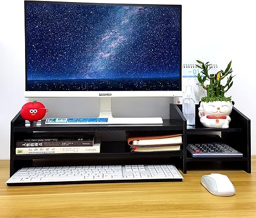 Miniatura 3 de Elevador de monitor de computadora, soporte de madera de 2 niveles con estante de almacenamiento de dos capas, organizador de escritorio negro para