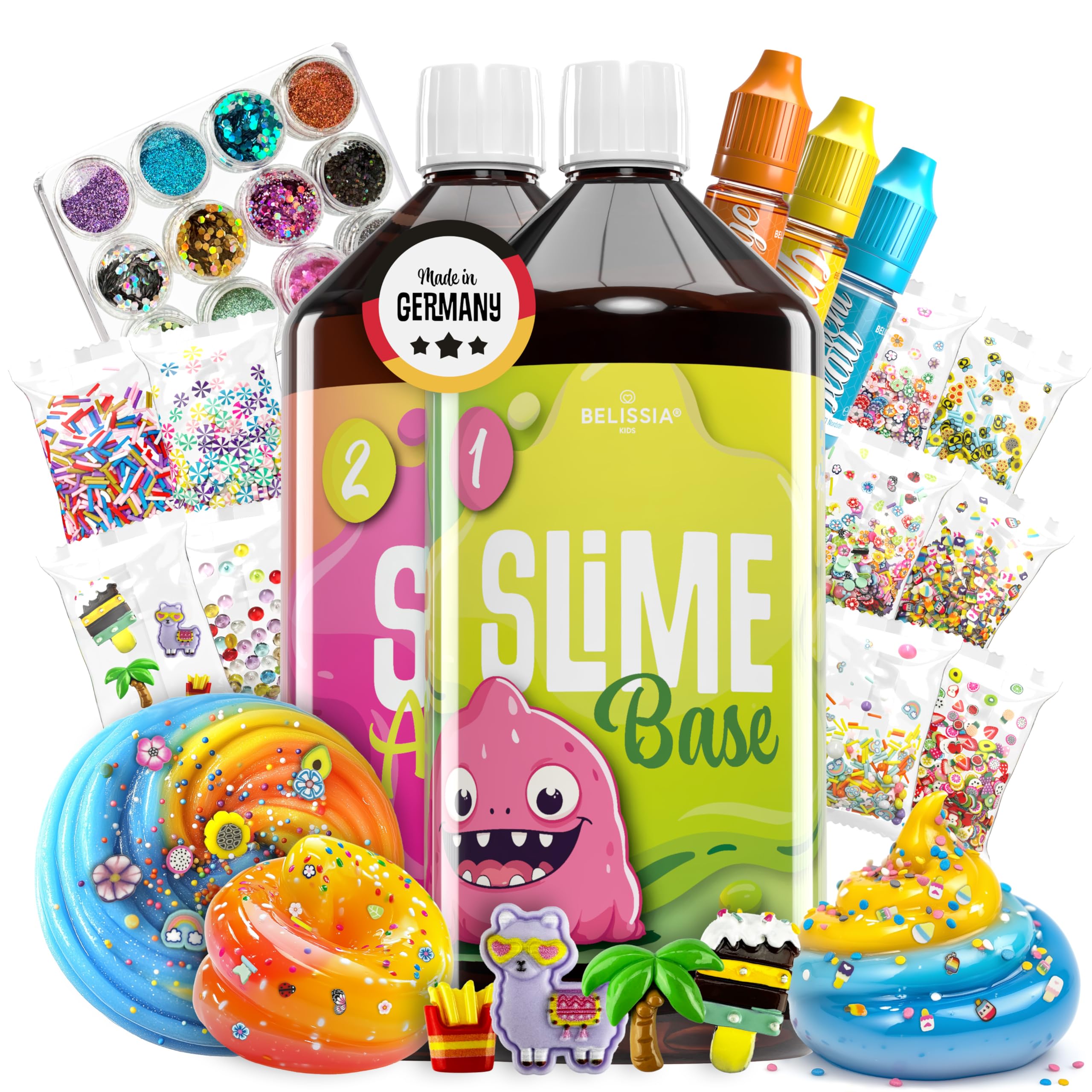 Belissia XXL Kinder Spiel-Schleim zum selbermachen. Sommer Set für 2KG fertigen Slime. Ideale Geschenkidee für Kinder ab 3 Jahre inkl. Zubehör