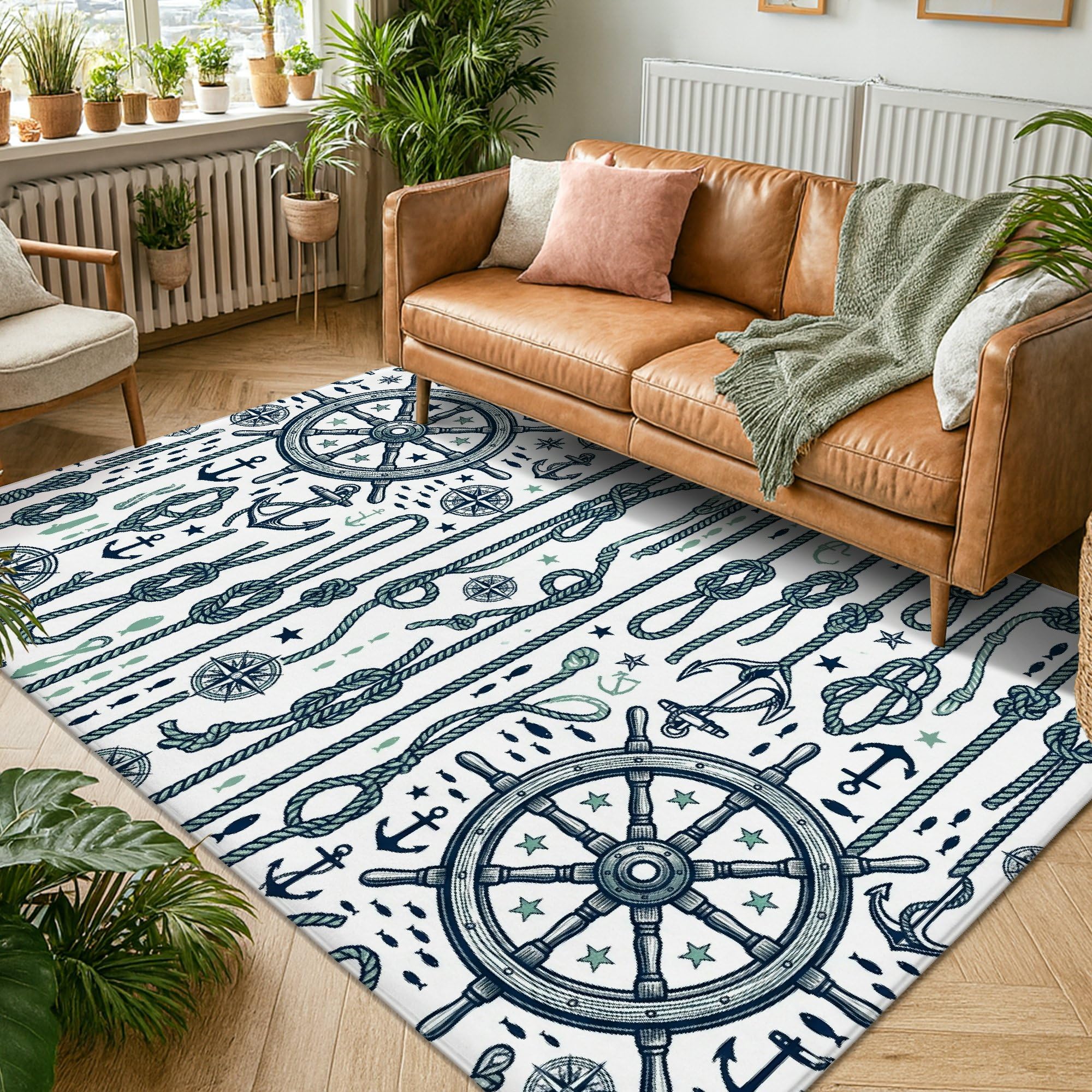 Tappeto con bussola, motivo nautico con ancore costiere, corda estiva, blu navy, antiscivolo, morbido, rettangolare, antimacchia, per soggiorno, camera da letto, corridoio, scrivania, ufficio, 15 x 18