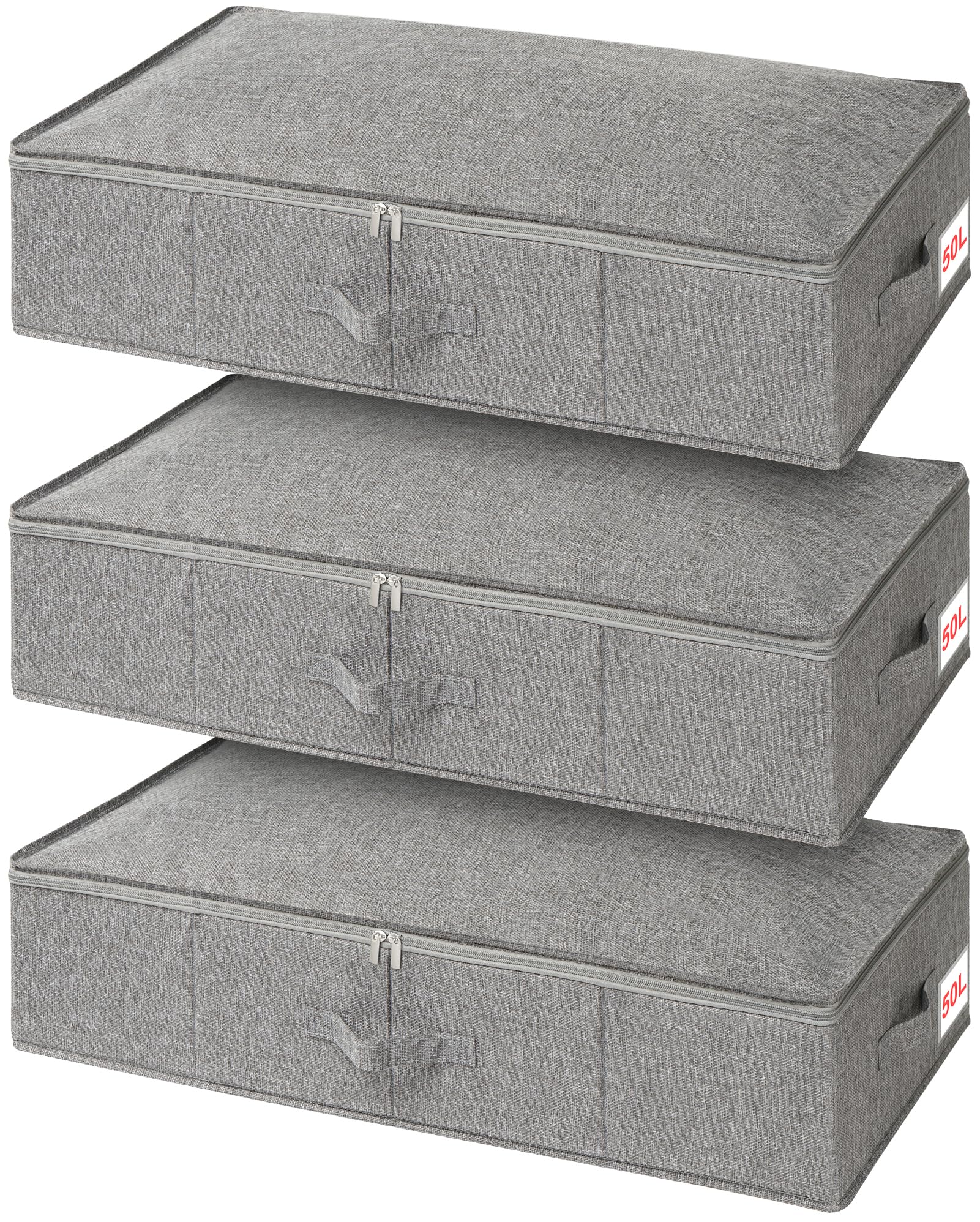 Huquter 3 Pack 50L 17 cm Tall Underbed Storage Boxes w/Zipped Lids, Under Bed & Sofa Storage w/Rigid Sides, Base & 3 Sturdy Handles, Large Foldable Fabric Storage for Duvets, Bedding & Clothes, Grey