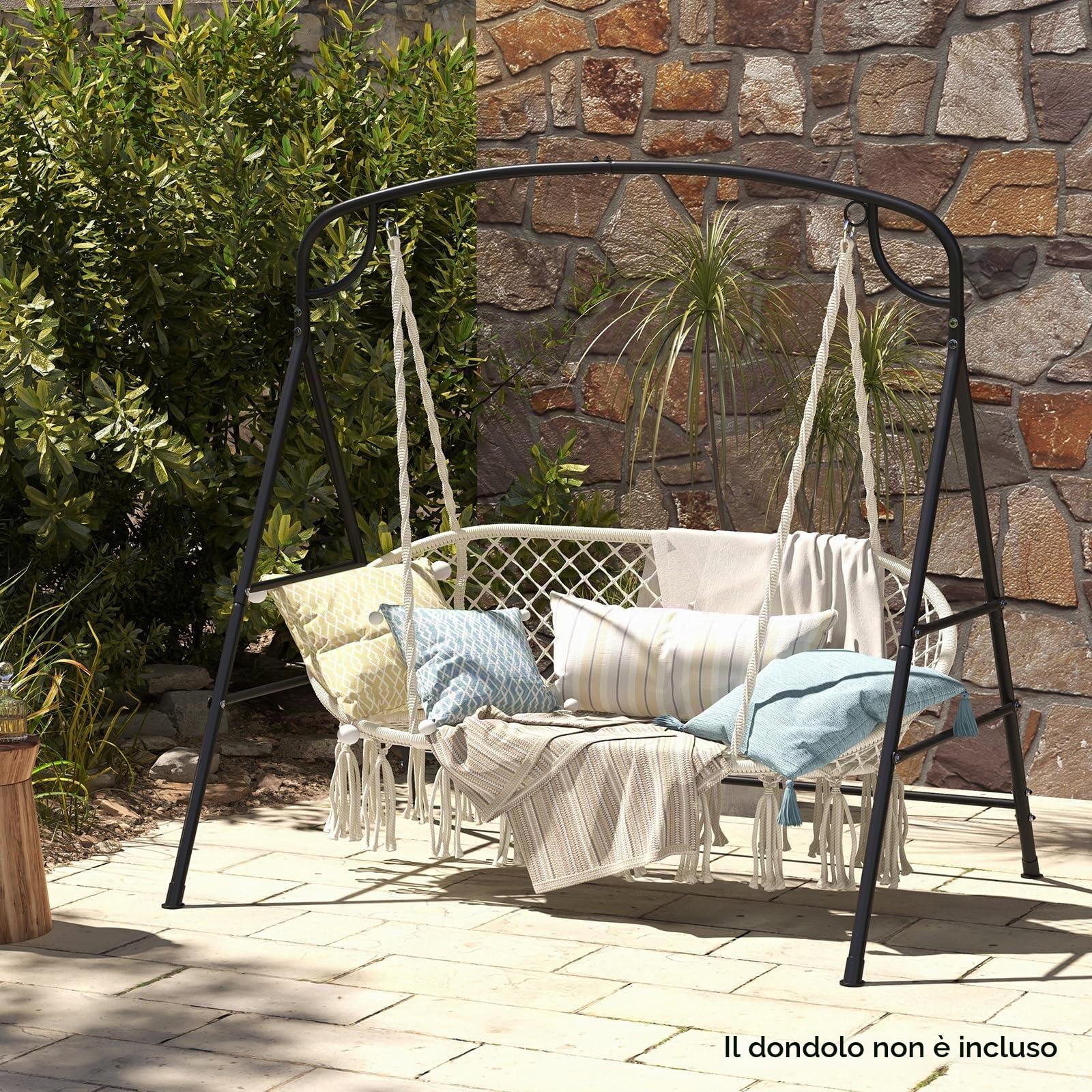 KOMFOTTEU Supporto per altalena in metallo, telaio per dondolo da giardino a forma di A, telaio per panca sospesa con carico di 300 kg, telaio con 2 anelli per balcone, veranda, 180 x 133 x 182 cm