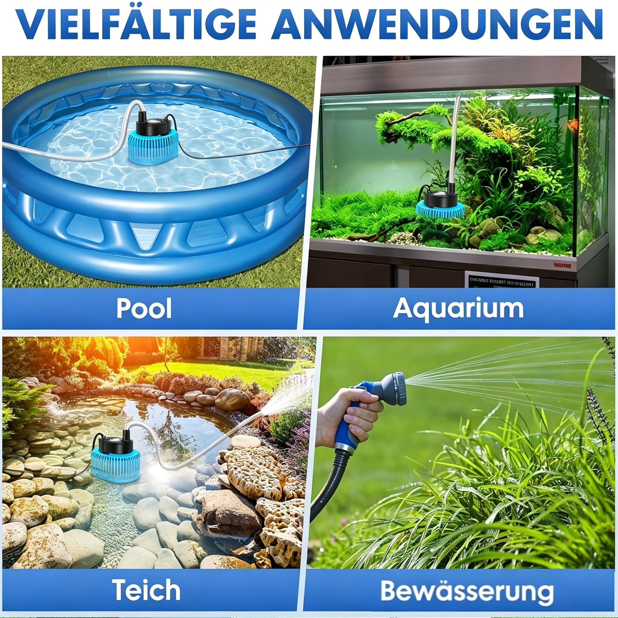 Pompe submersible, pompe submersible eau sale pompe à eau de pluie 75 W, capteur de niveau d'eau automatique, drainage pour piscine hors sol, 4 adaptateurs, tuyau de 4,9 m, câble de 7,6 m, max 3218 l