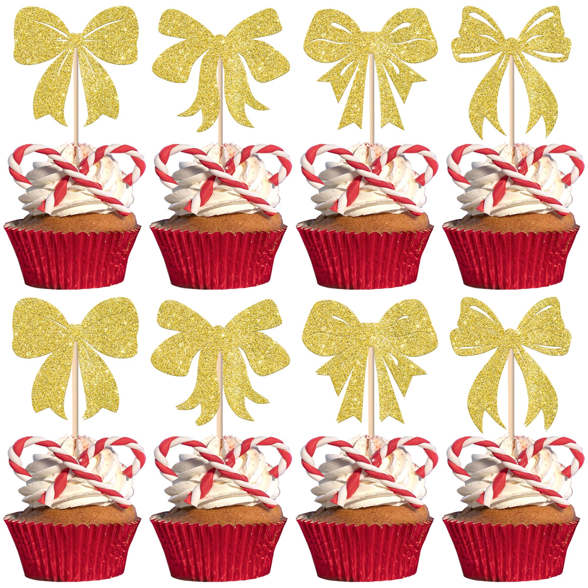 Xsstarmi 24 Pack Bow Cupcake Toppers Gold Glitter Bow Themed Birthday Cupcake Picks Bowknot Cupcake Decorations for Wedding Engagement Bridal Shower Birthday Party Cake Decorations Supplies โ image 1