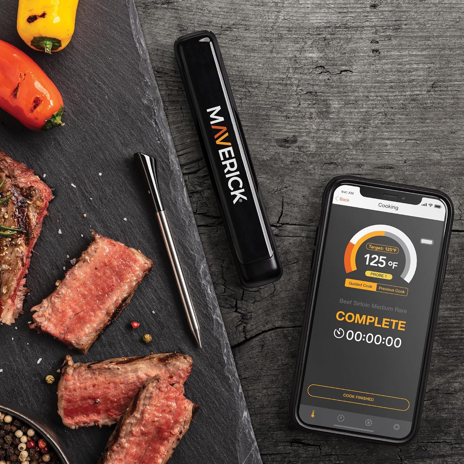 Maverick Stake Wireless Bluetooth Meat Thermometer, Battery-Free Probe, 2-Min USB Charge (Up to 4 Hrs), 32-ft App Range (iOS/Android), 572°F Ceramic Handle, Alerts, Graphs & Up to 8 Probes