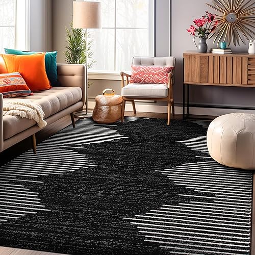Rugshop Alfombra bohemia a rayas resistentes a las manchas para sala de estar, cocina, dormitorio, comedor, oficina en casa, 5 x 7 pies, color negro