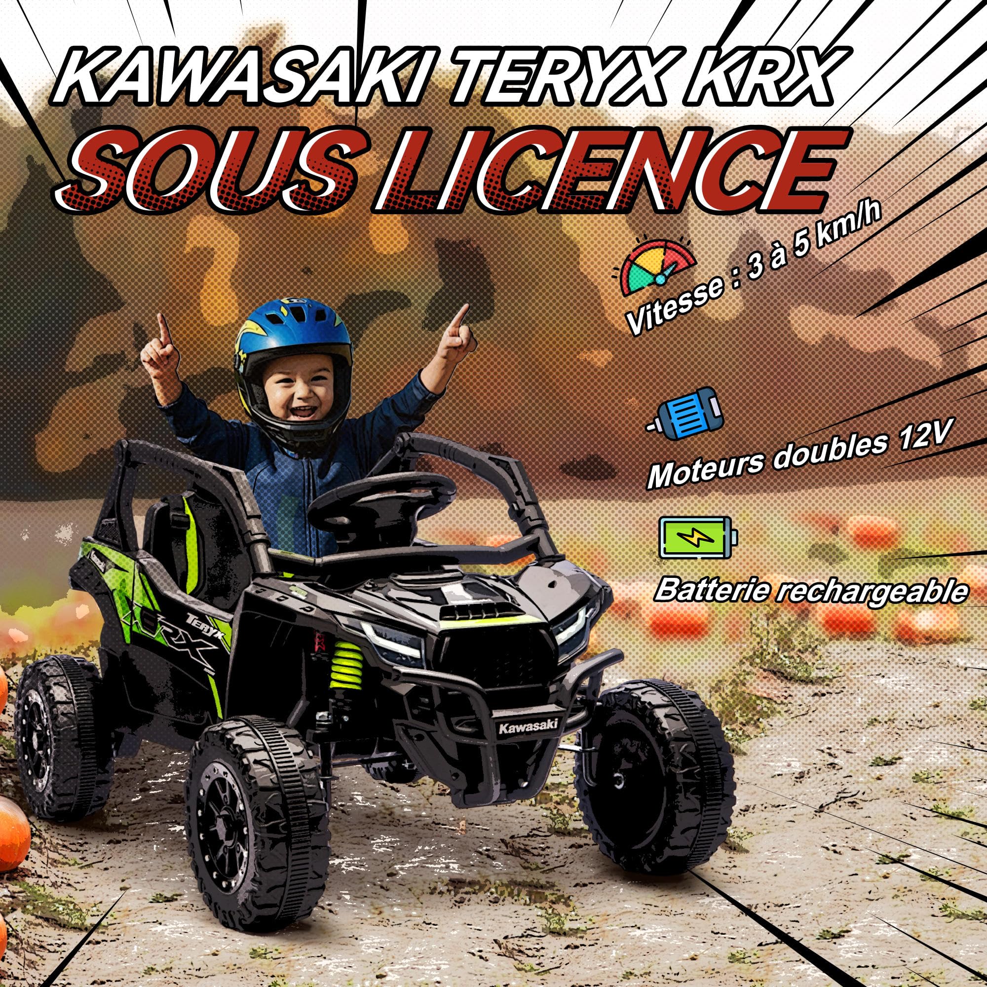 AIYAPLAY Voiture électrique Enfant UTV Kawasaki TERYX KRX 1000, Buggy électrique Enfant 12 V à 2 Moteurs 25 W avec télécommande 2,4 Ghz et Suspension arrière, phares LED, Musique et klaxon, Noir