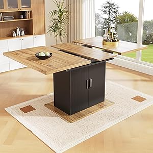 Kebnor Mesa de comedor telescópica (140 x 70 cm), extensible con estante, ahorra espacio, mesa de comedor con tres estantes, para cocina y salón, color negro y natural