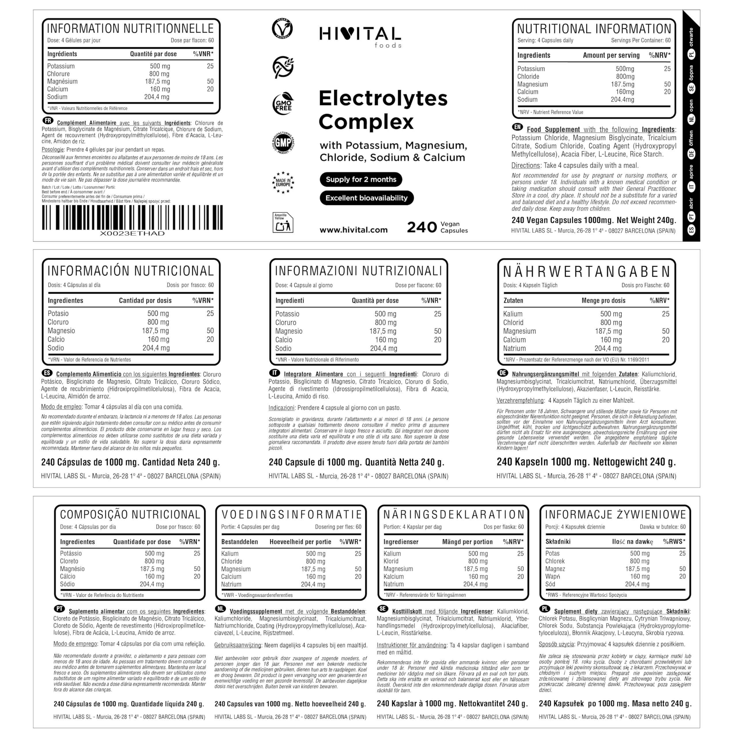 Electrolitos Complex. 240 cápsulas veganas para 2 meses de tratamiento. Con las Sales Minerales: Potasio, Magnesio, Cloruro, Sodio y Calcio. Dosis óptima. Fabricado en España por HIVITAL