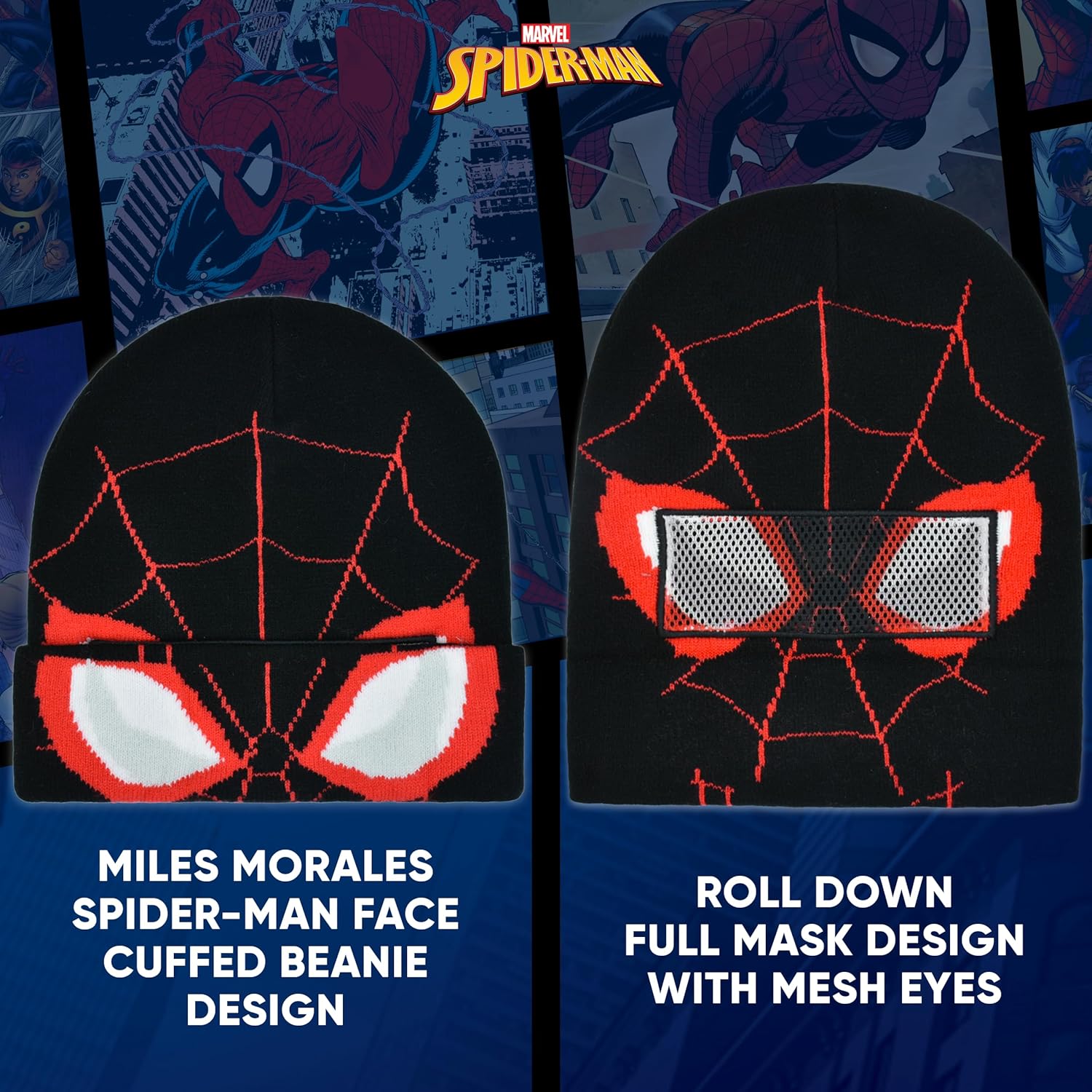 Marvel Spider-Man Miles Morales Roll Down Cuff Beanie Hat, Knitted Winter Skull Cap - Image 3