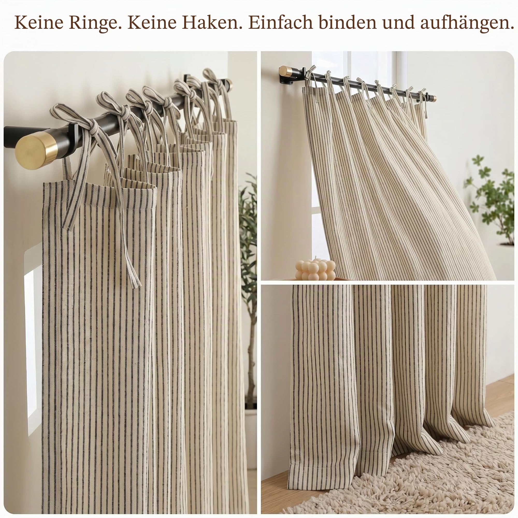 THE ART BOX Gaze Vorhänge – Gestreifte Boho-Leinenoptik, Krawatten-Top, Lichtfilternd, Tür- und Fensterbehandlung, 2 Vorhang-Panels Schwarz auf Beige (228,6 x 106,7 cm pro