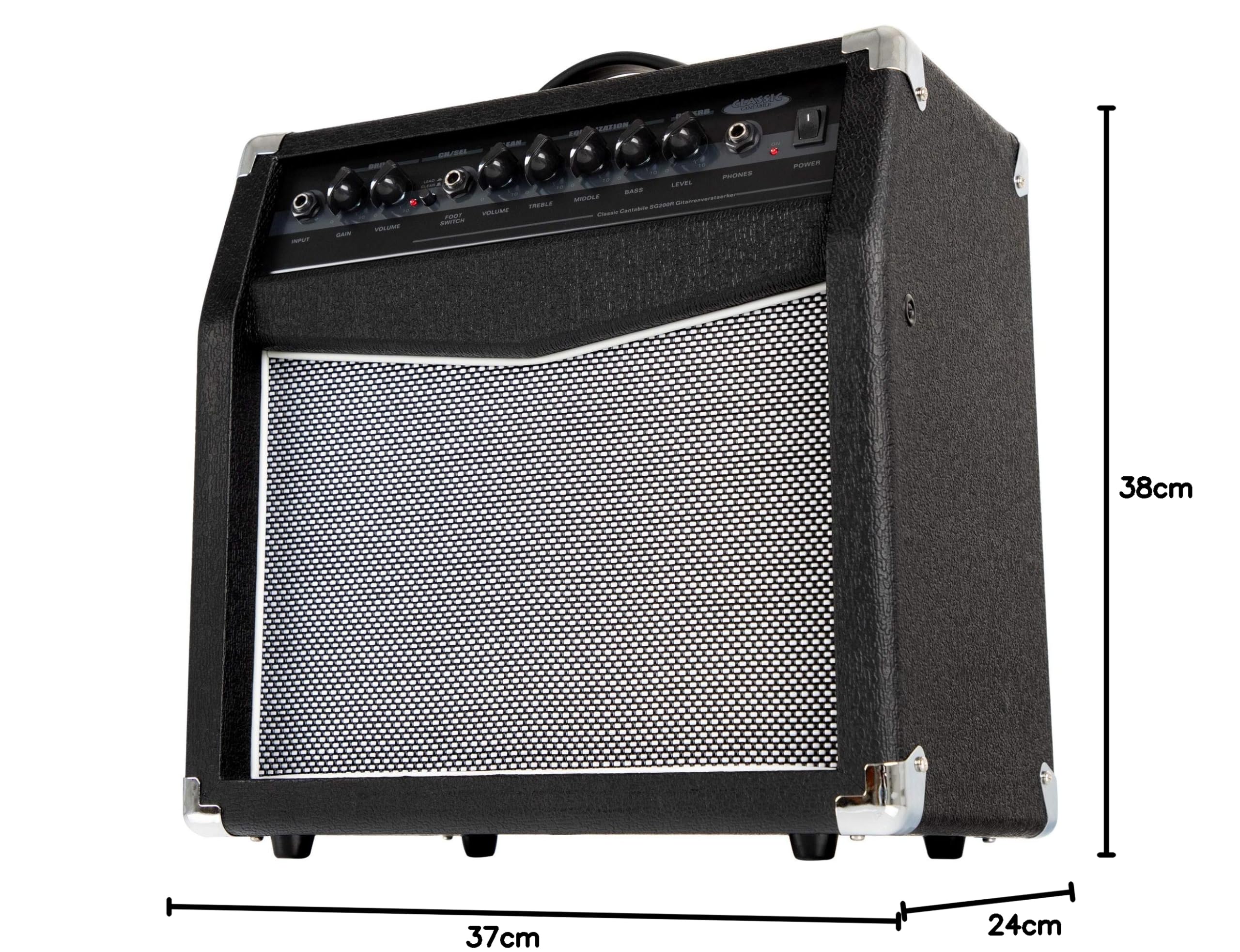 Classic Cantabile SG200R Combo Chitarra, 2 canali (Clean & Overdrive) | 20 watt (RMS), 60 watt (Peak), Speaker da 8", Riverbero a molla regolabile, Uscita cuffie (jack 6, 3 mm), 5 cm, Peso: 8