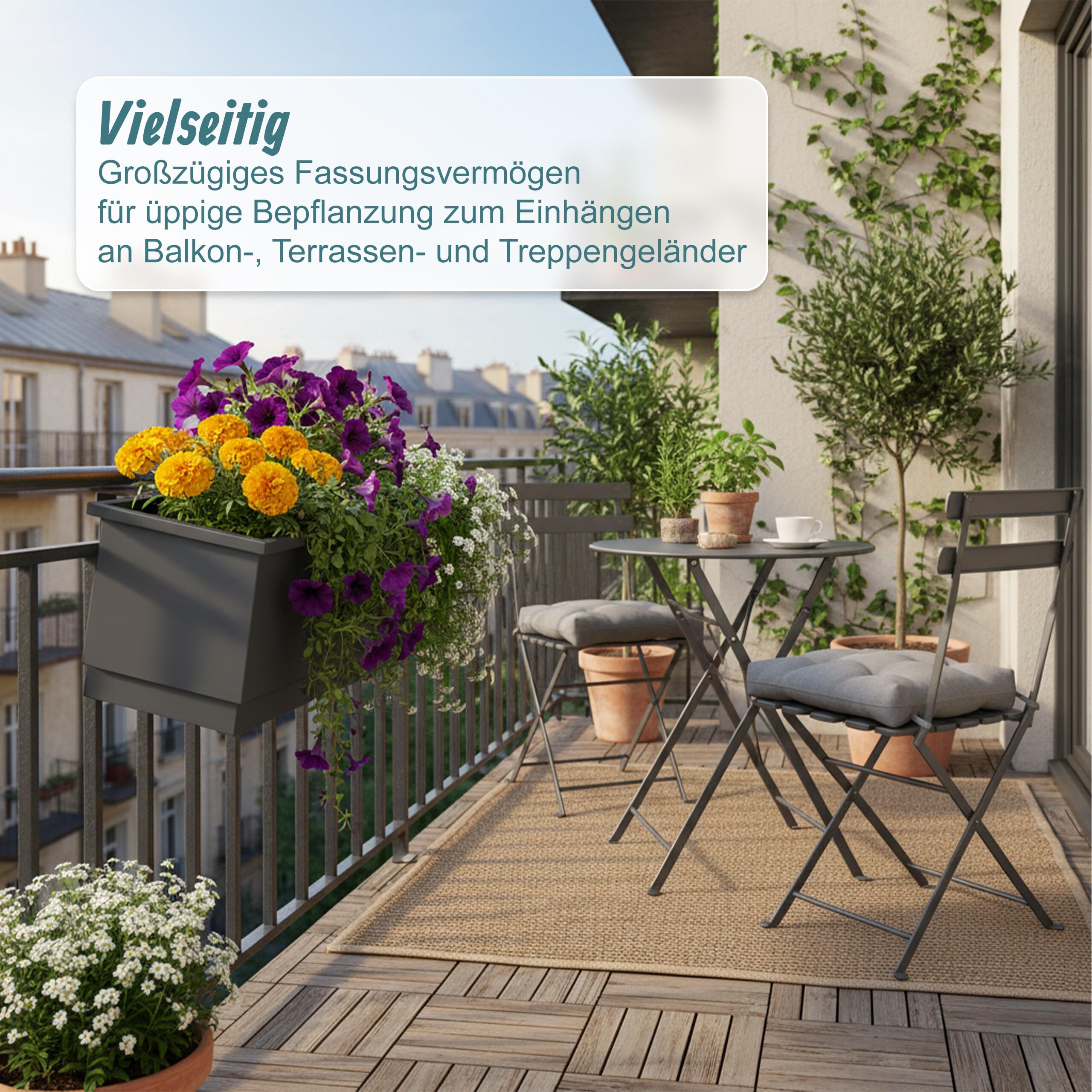 Relaxdays Balkonkasten 2er Set, für Geländer, HBT: 17x50x19 cm, Blumenkasten mit Drainage & Schale, Stahl, anthrazit