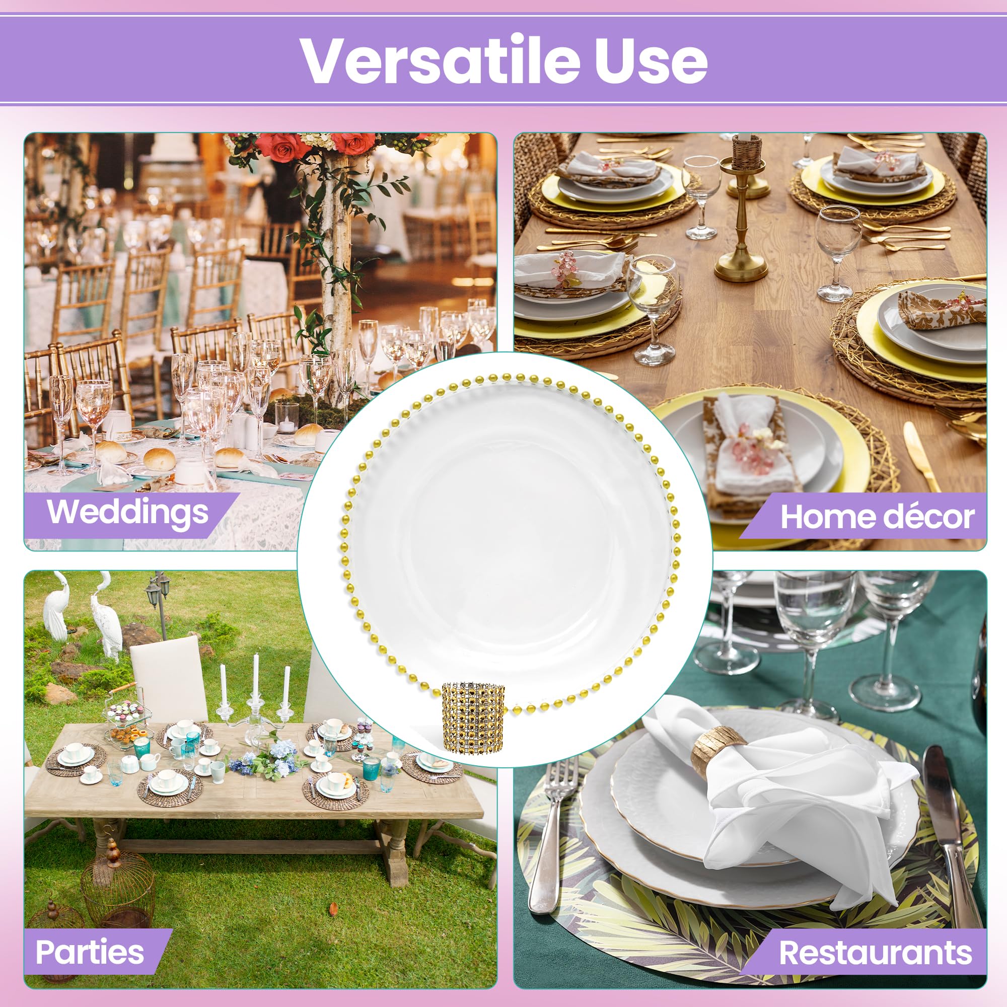 Elegante juego de platos de cristal transparente y servilleteros dorados, 10 piezas, diseño de cuentas, platos de 33 cm para bodas, cenas, fiestas y eventos, mesa reutilizable y manteles individuales