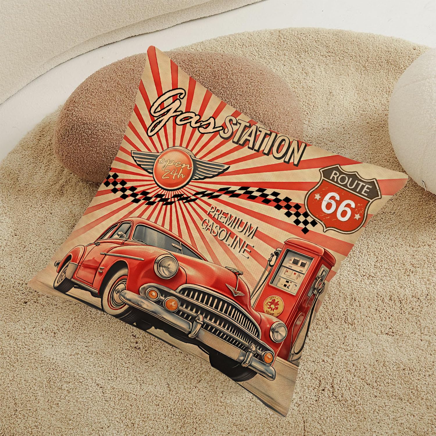 Easternproject Vintage Throw Pillow Covers Decorative Cartoon 66 Route Cars Print Funny Quote Cotton Blend Linen Pillow Cushion Cover 18x18 Inches (Feeling Station A) 2