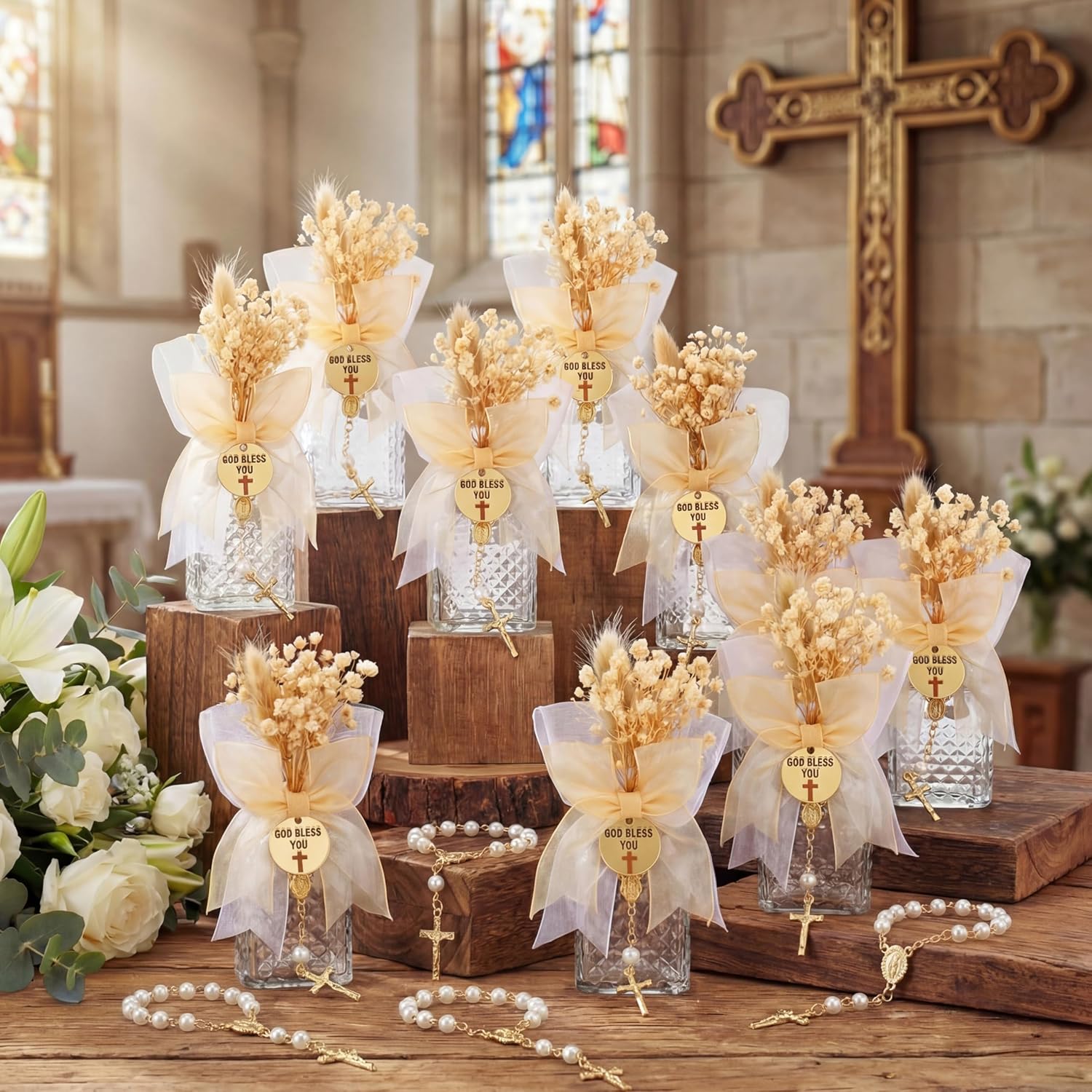 24 Set Holy Water Bottles Gift Set Catholic Baptism Favor for Holy Container with Rosary for Christening First Communion Daily Prayer & Blessings Wedding & Funeral (Boho)