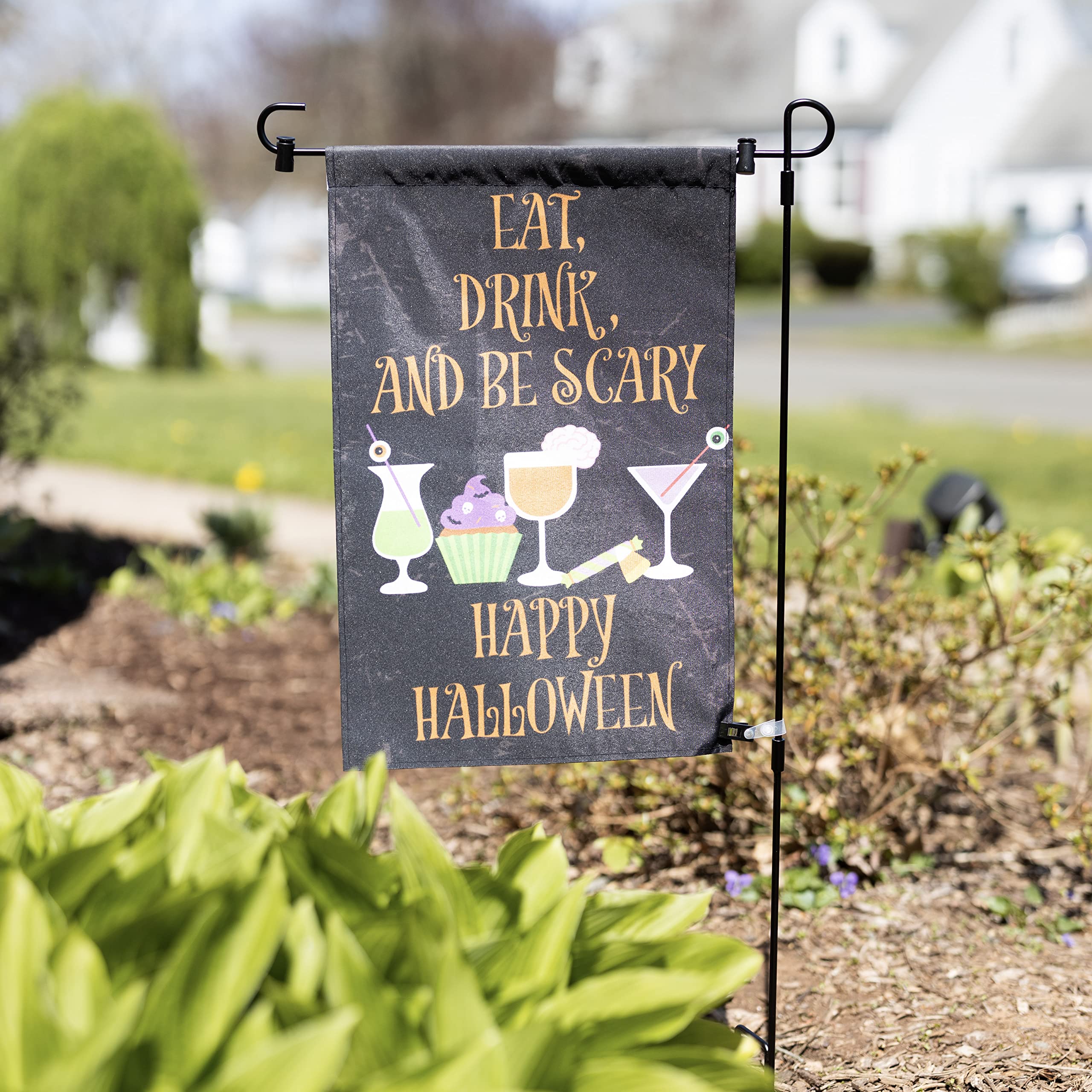 Halloween Gartenflagge „Eat, Drink & Be Scary“ – 30x45 Cm Mit Mast, Wetterfest