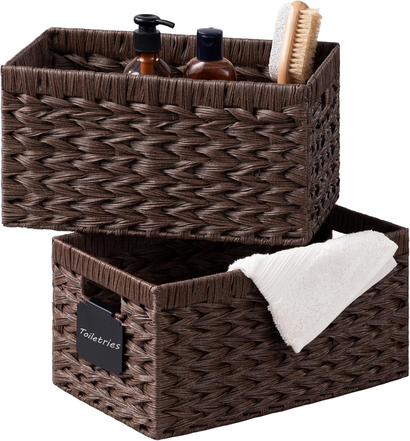 UBBCARE Storage Baskets with Label, Wicker Pantry Baskets for Shelves, Waterproof Woven Basket for Organizing, 2-Pack Plastic Rectangle Organizers with Handles,Dark Brown (13.4L×8.3H×7.1W)
