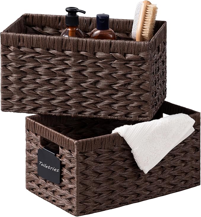 UBBCARE Storage Baskets with Label, Wicker Pantry Baskets for Shelves, Waterproof Woven Basket for Organizing, 2-Pack Plastic Rectangle Organizers with Handles,Dark Brown (13.4L×8.3H×7.1W)