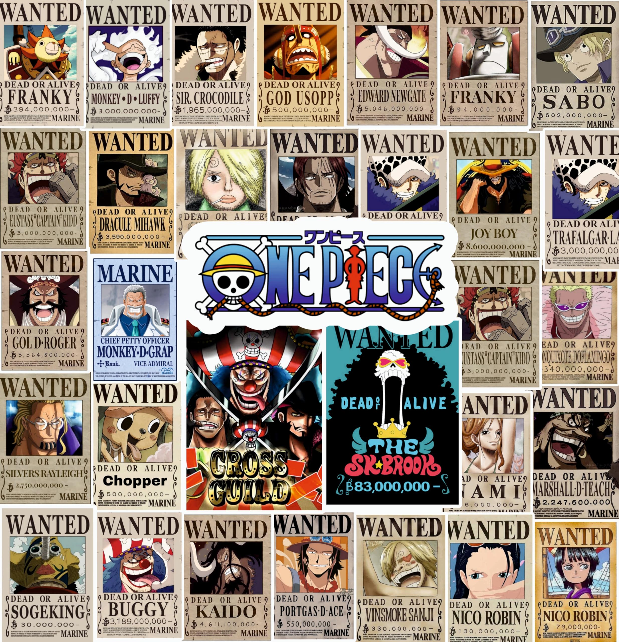 Animes On Trend Pack of 32 One Piece Wanted Poster Stickers for Laptop, Phone, Guitar, Bike, PC, Scrapbook | Waterproof Glossy Vinyl Decals | Residue-Free Anime Stickers Collection