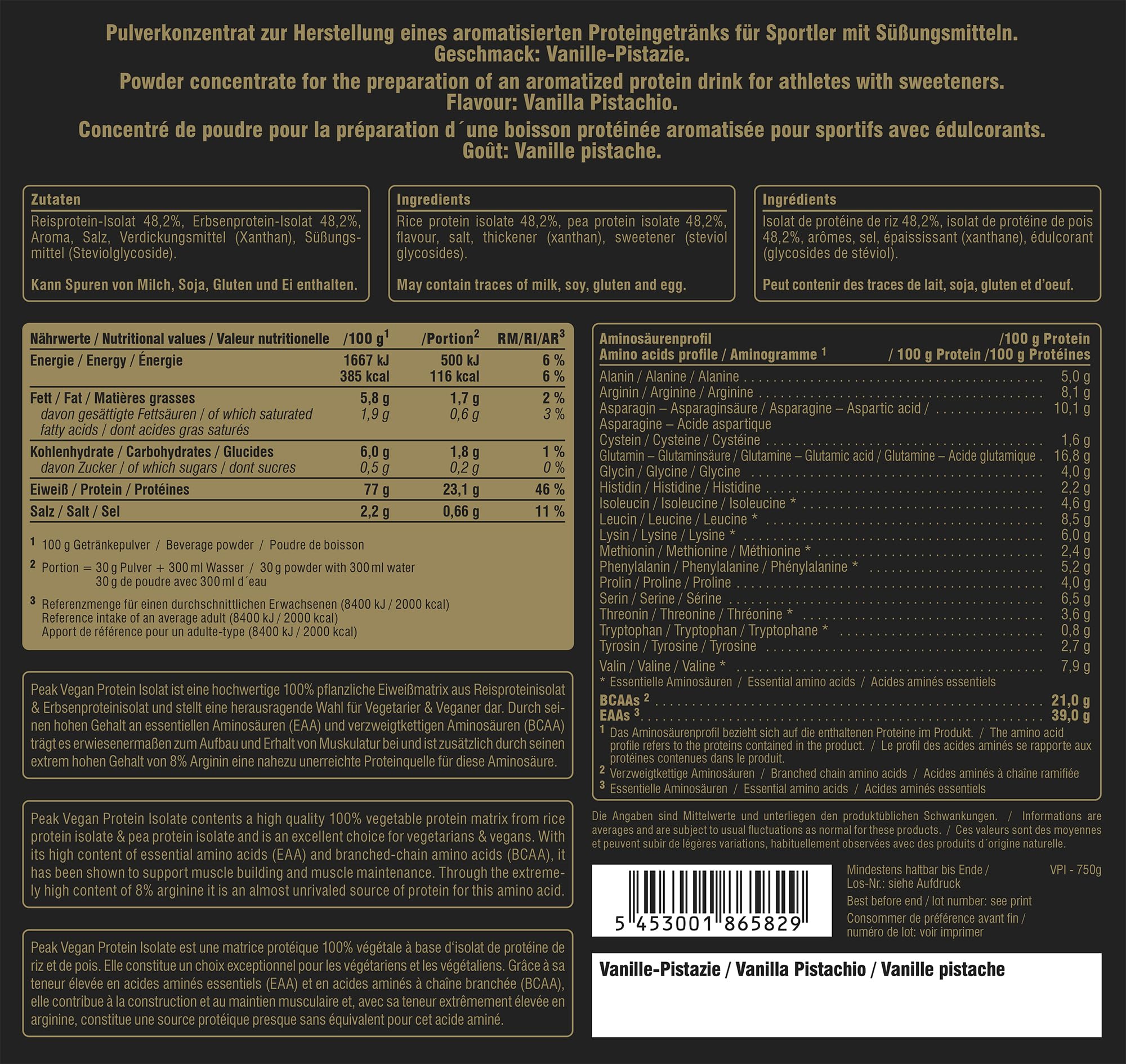 PEAK Vegan Protein - 750g Geschmack Vanilla Pistachio I 25 Portionen I Pulver I pflanzliches Mehrkomponentenprotein I Erbse - I Reisprotein I Muskelaufbau I Süße aus Stevia I GMO-free