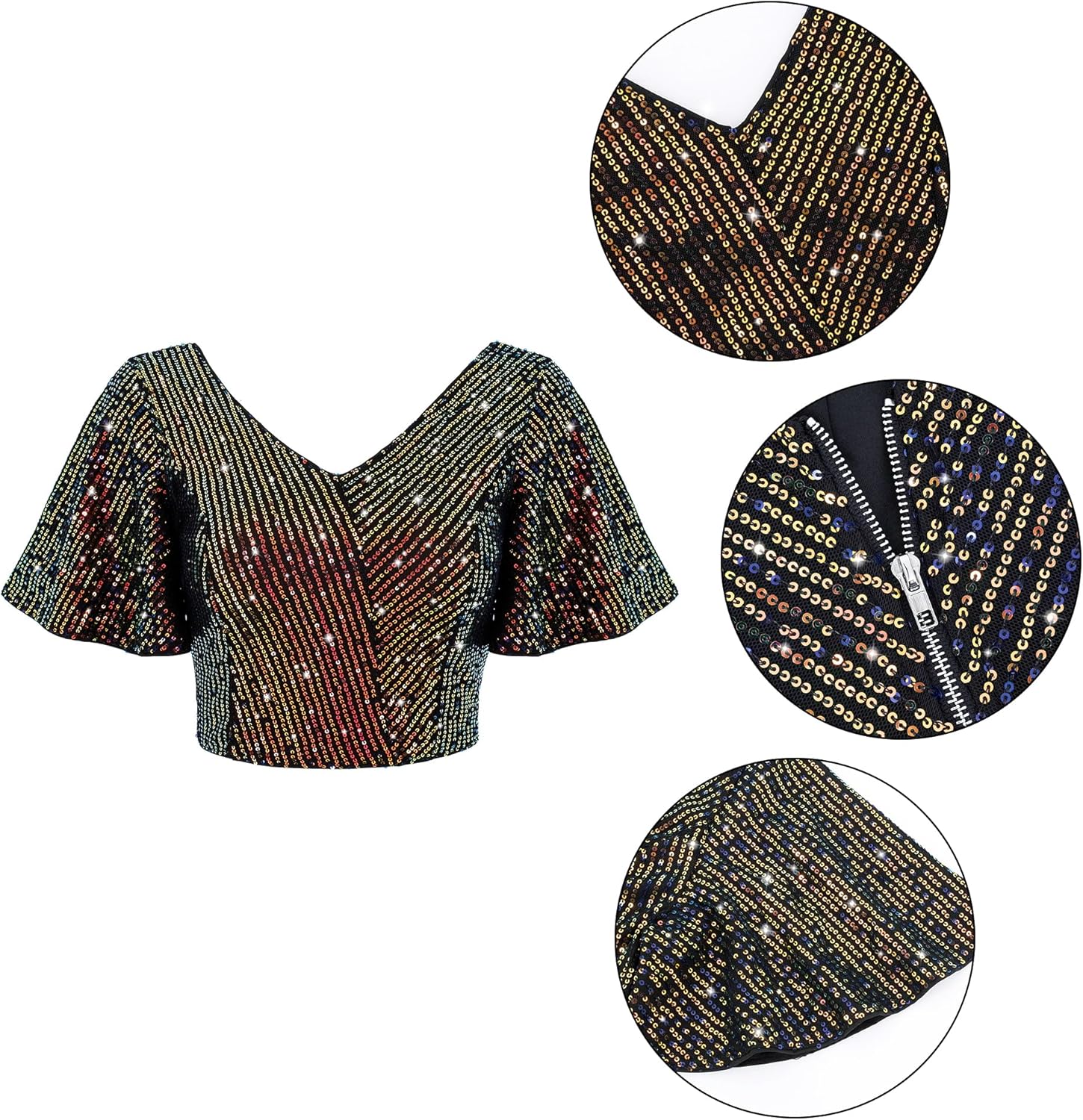 Testudineus Womens Sequin Ruffle Tops Short Sleeve Sparkly Crop Shirt Glitter Concert Disco Party Club Top Tee - Image 6