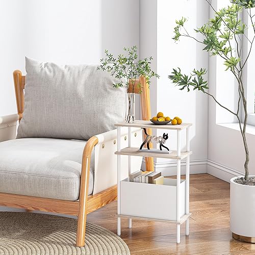 Miniatura 8 de Mesa auxiliar estrecha con cesta de tela, mesa auxiliar para espacios pequeños, mesita de noche delgada con estante de almacenamiento de 3 niveles,