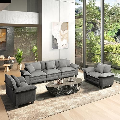 HERA'S HOUSE 3 Pieces Modular Sectional Sofa Sets, Oversized Couch Set with Loveseat and Armchairs, Comfy Cloud Couches with Throw Pillows, 5-Seater Deep Seat Sofa for Living Room, Corduroy Grey