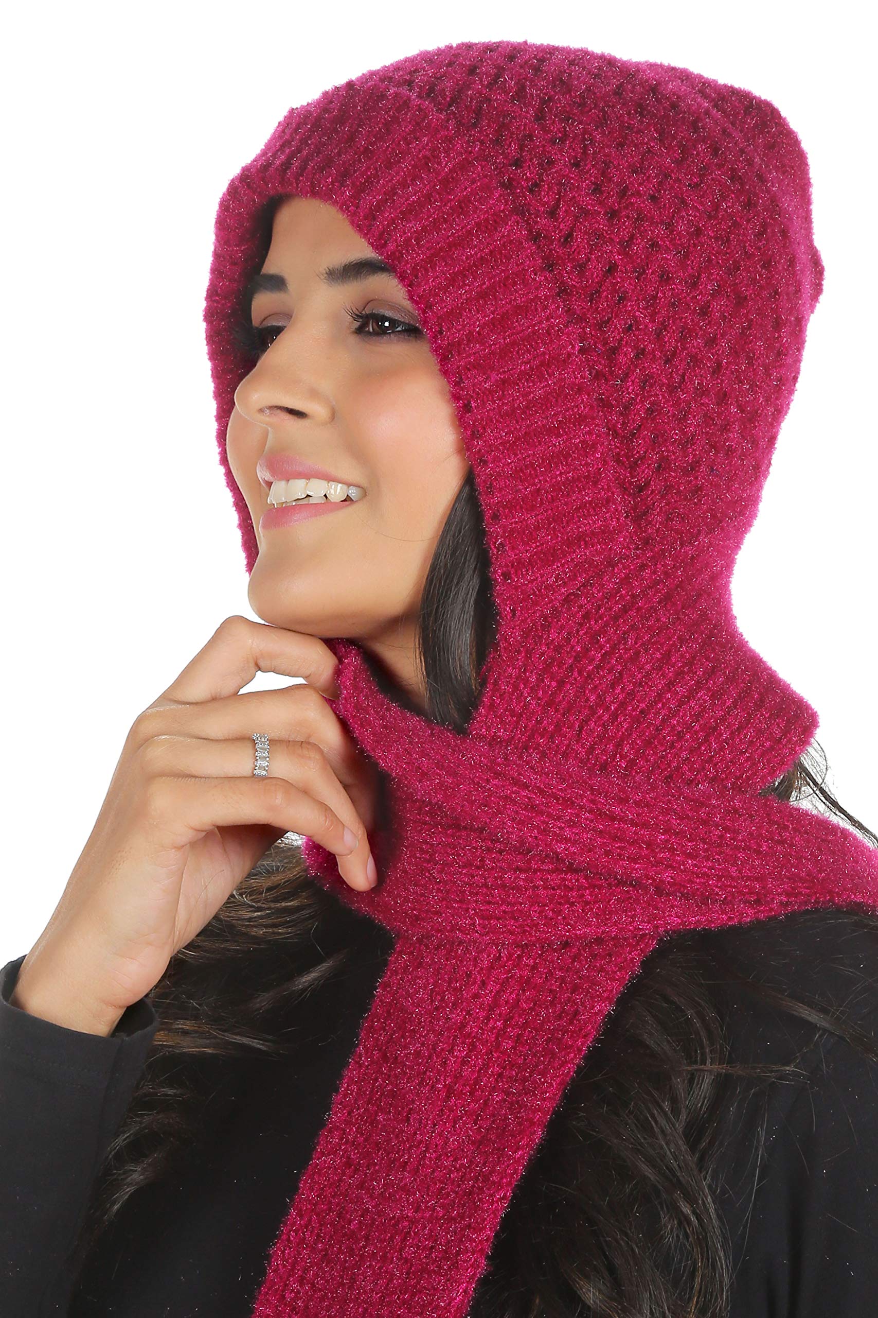 Sidhidata Textile Men's And Women's Unisex Wool Knitted Cap Muffler For Winter Wear Free Size (Muffler Cap) (Rani) 1