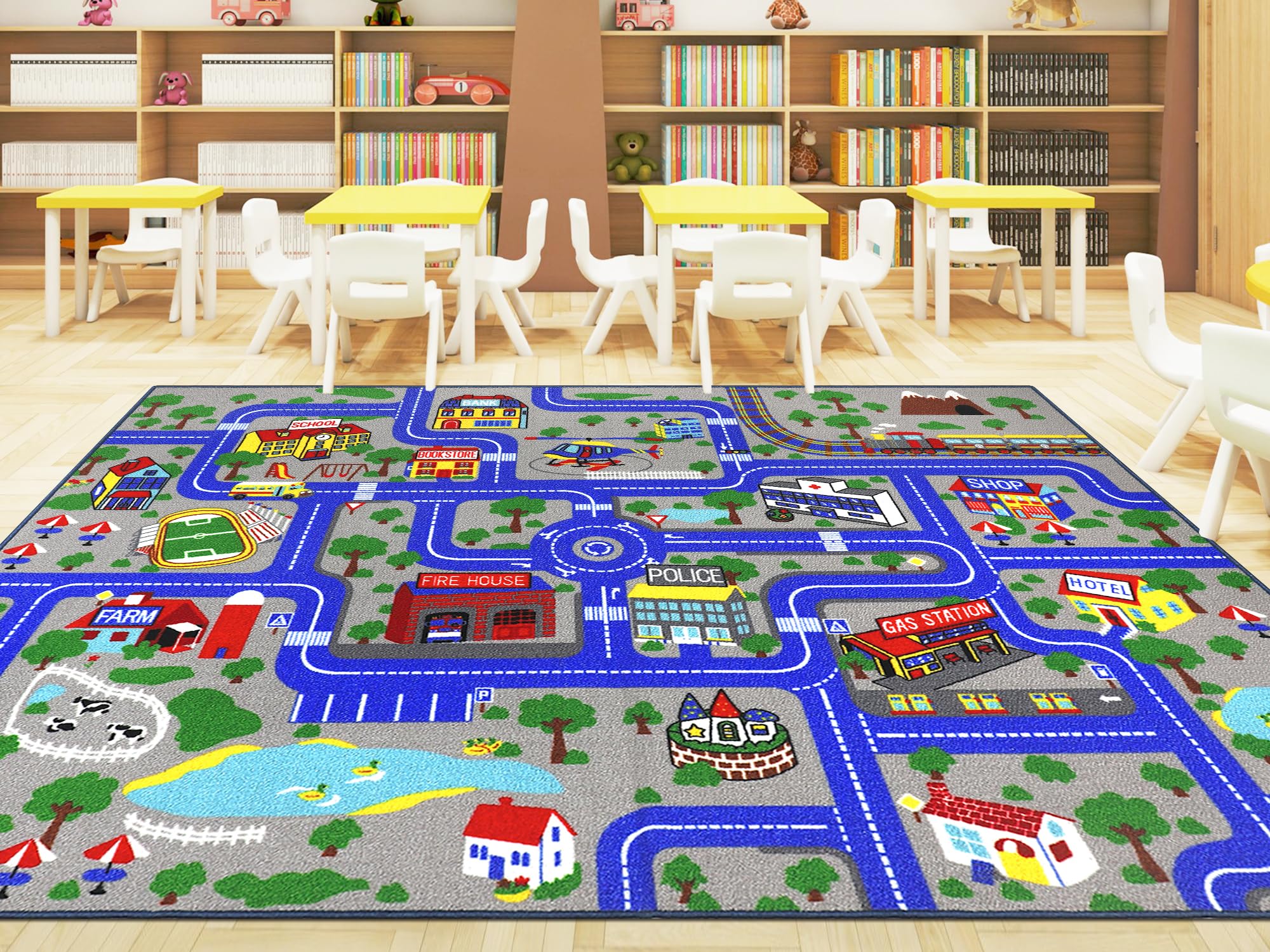 Capslpad Kinder Teppich Spielteppich für Kinder Stadt 200x300cm rutschfest Kinderteppich Spielmatte Maschinenwaschbar Kurzflor Pädagogischer Spielteppich für Kinderzimmer Spielzimmer Dekor, Blau