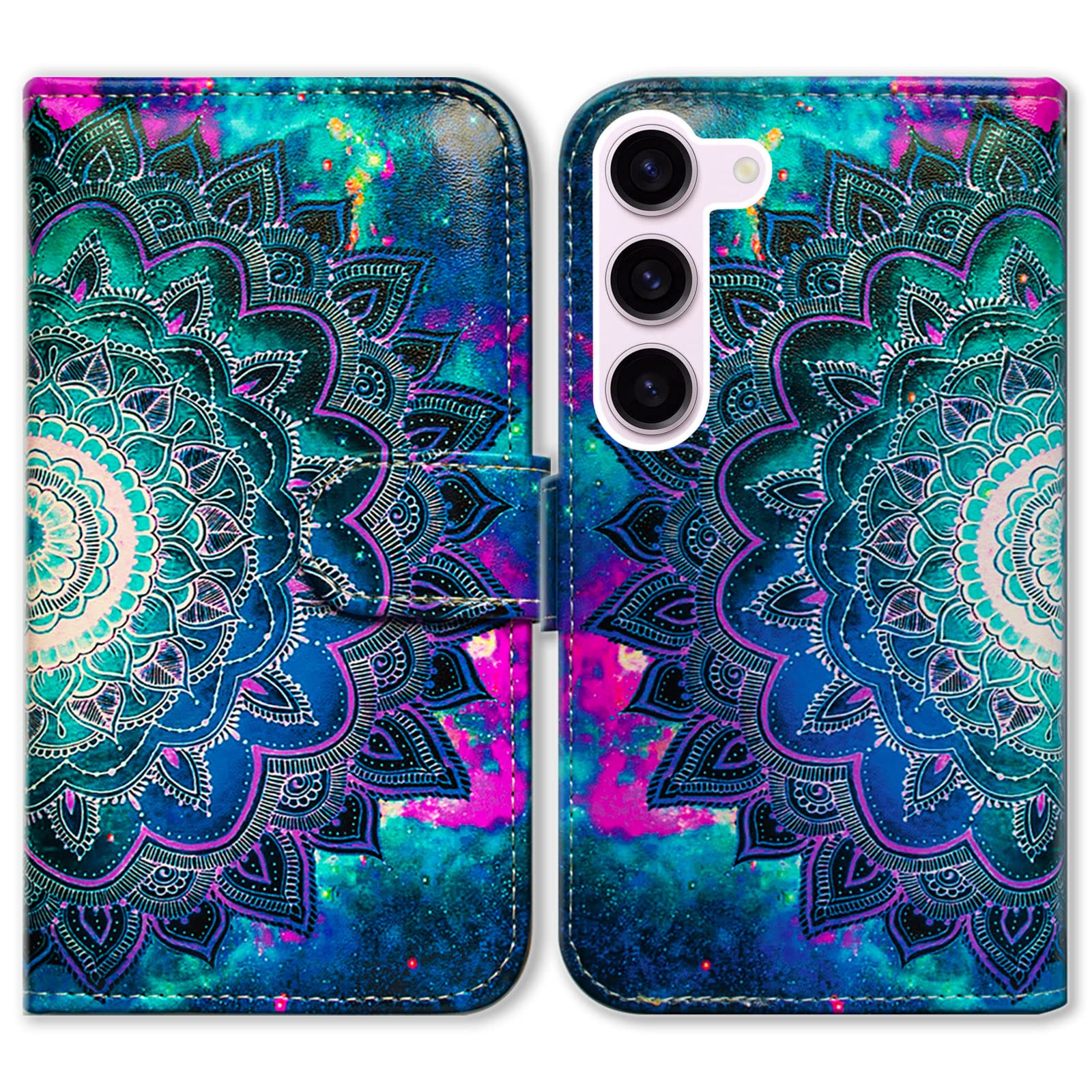 Bcov Case for Samsung S23, Mandala Flower Space Leather Flip Phone Case Wallet Cover with Card Slot Holder Kickstand for Samsung Galaxy S23
