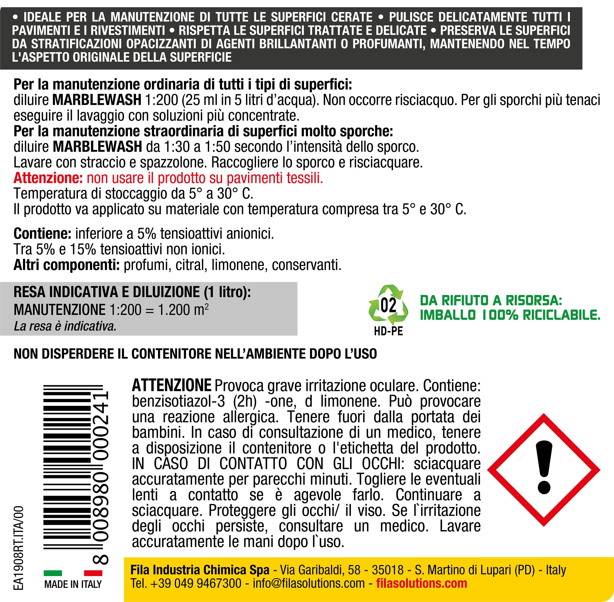 FILA MARBLEWASH Detergente per Marmo e Pietra senza Risciacquo 1L