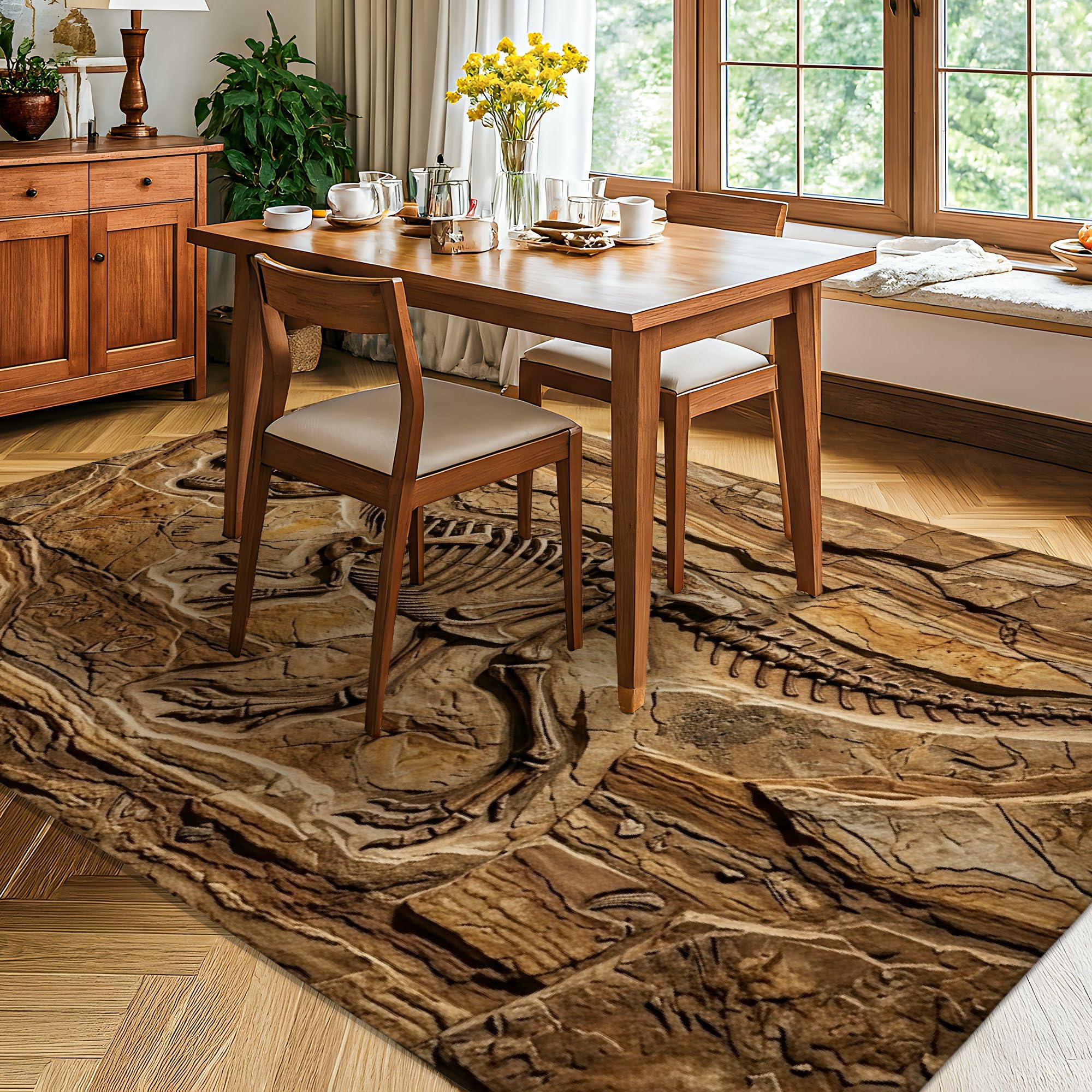 Alfombra de área de dinosaurio, esqueleto fósil rústico natural, ninguno marrón, esponja de pelo bajo, suave, rectangular, resistente a las manchas, para sala de estar, dormitorio, pasillo, escritorio