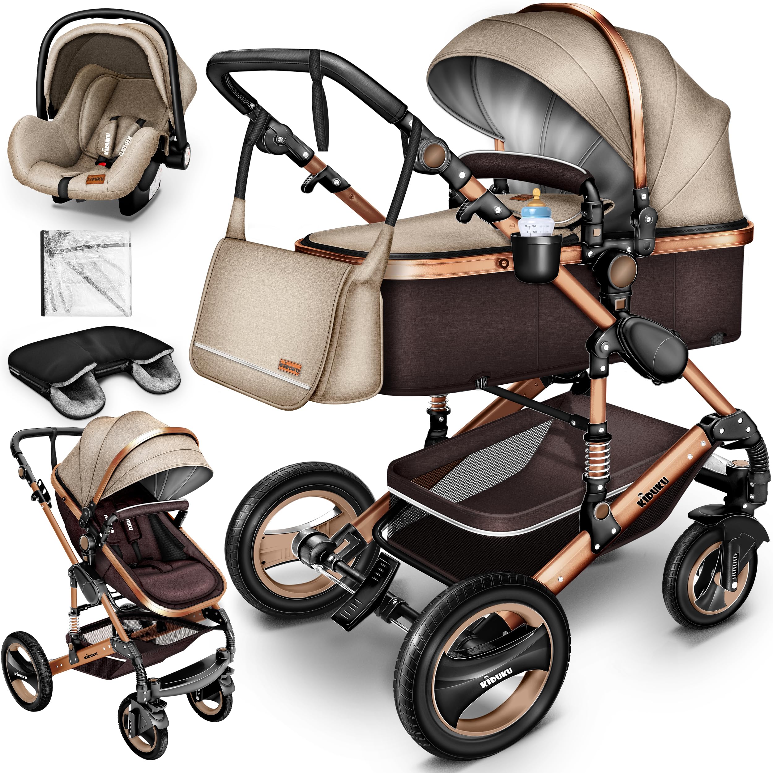 KIDUKU® 3 in 1 Passeggino Completo Trio | Passeggino Sistema Combinato con Navicella Ovetto Seggiolino Auto Coprigambe | Pneumatici in Gomma Dura Borsa Fasciatoio Tavolo per Bambini ECE R129