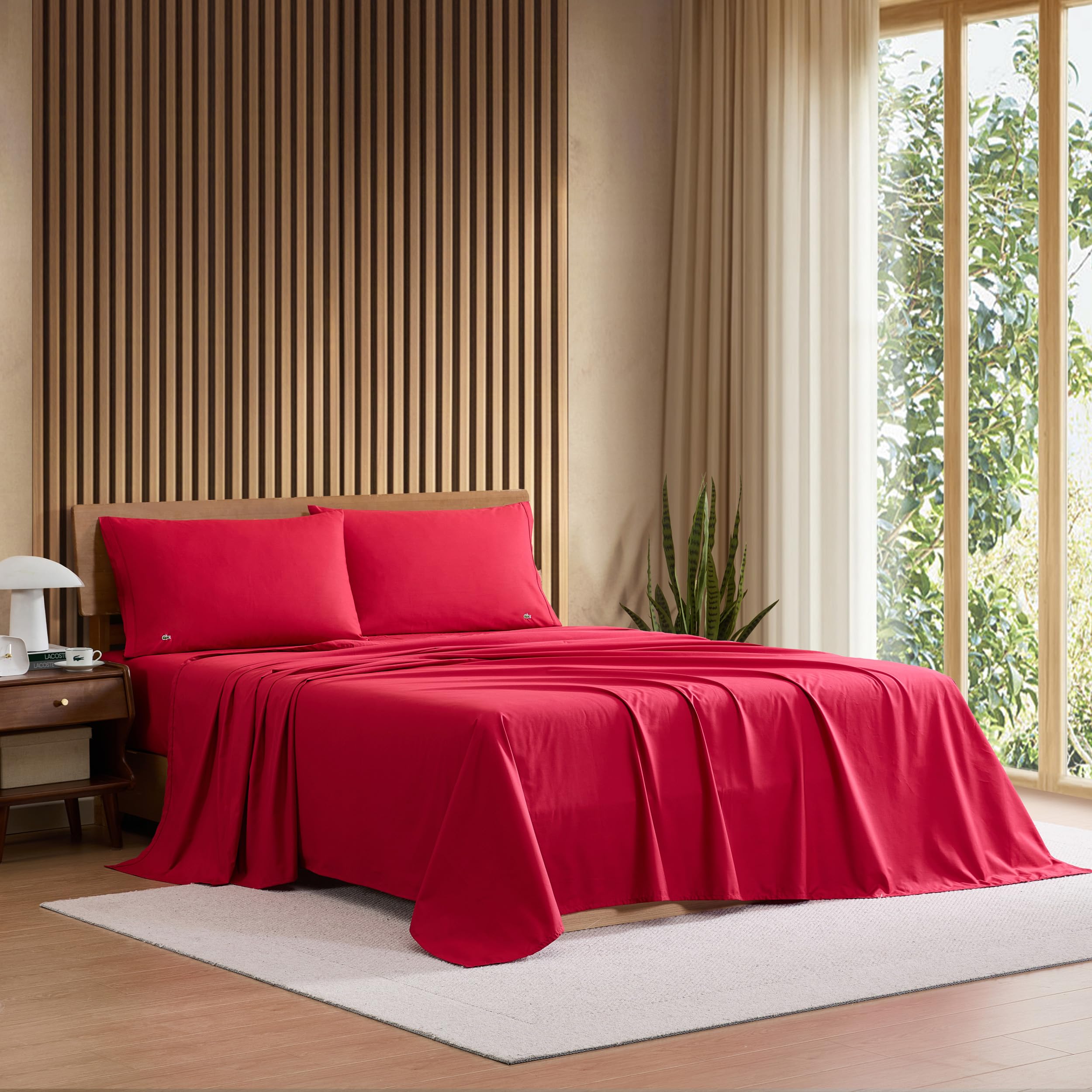Lacoste 100% Cotton Percale 4-Piece Sheet Set, Chili Pepper, Full | Crisp Cool Breathable, All-Season Bedding, Oeko-Tex Certified, Soft Matte Finish, Durable Quality, Solid Color