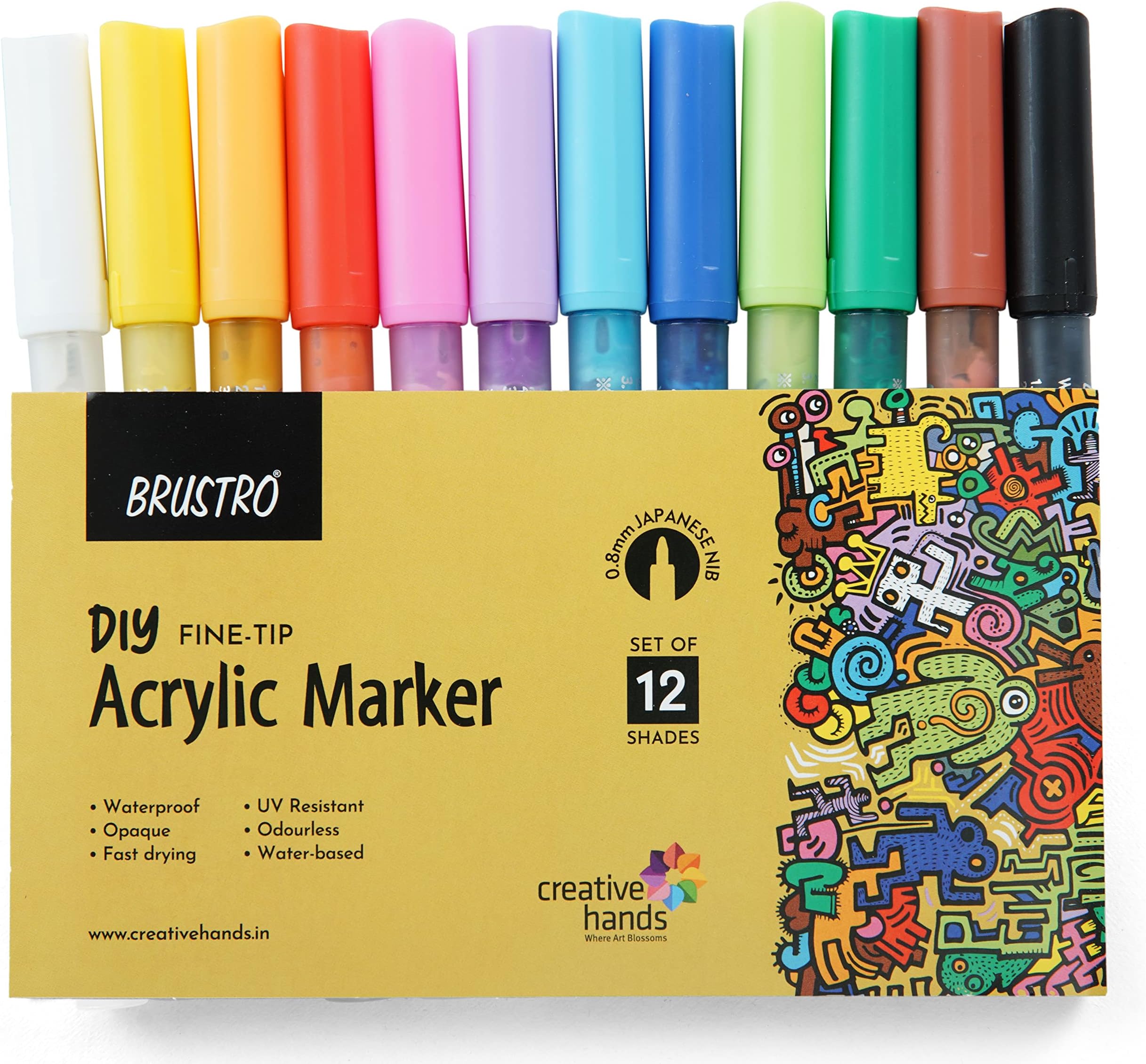 Brustro Acrylic (DIY) Fine Tip Marker Set of 12 - Basic 0.8MM |Water-Resistant,Matte Finish,UV Resistant,Non-Toxic Colours|Ideal for Craftworks,School, Works on Glass & Plastic