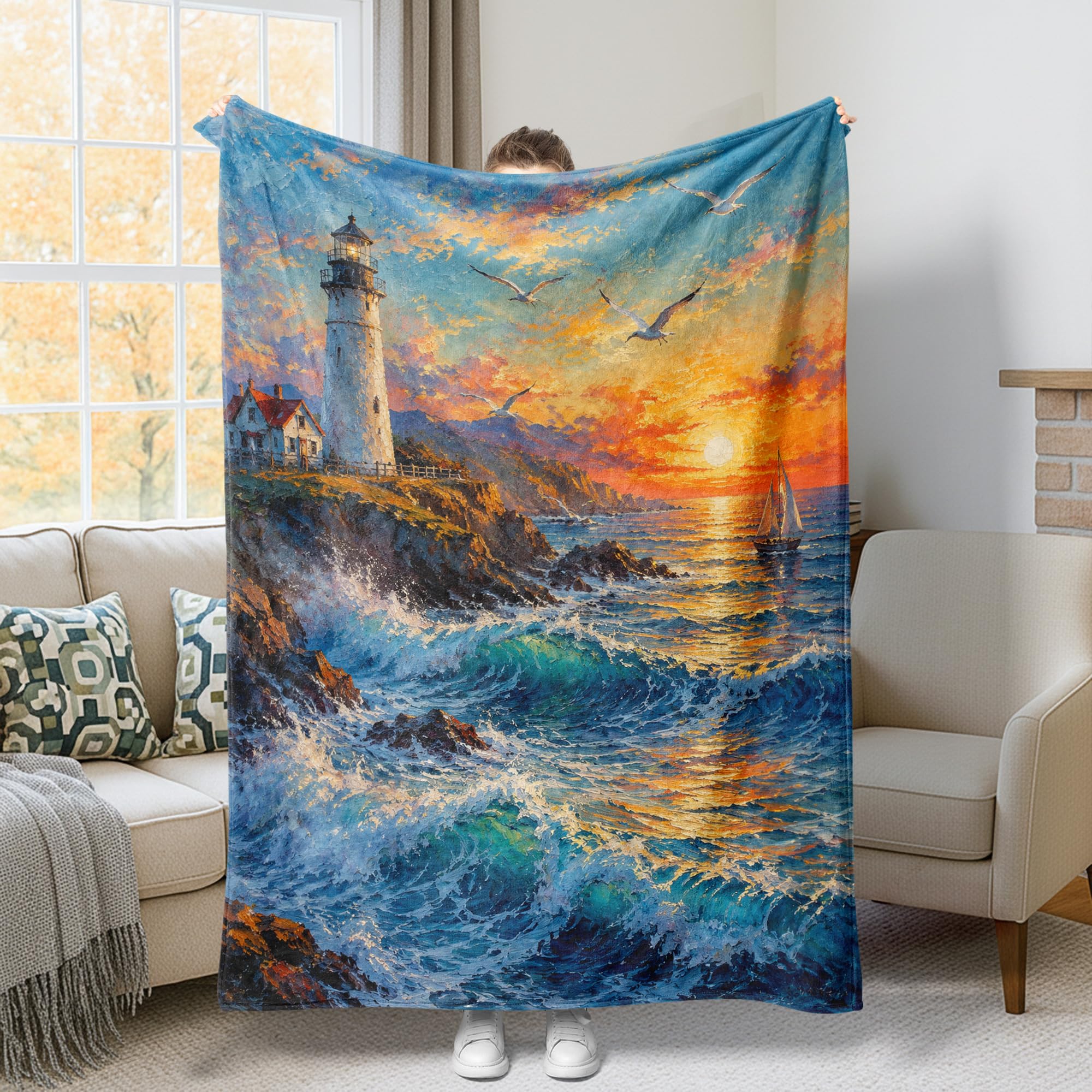 Couverture flanelle phare et coucher de soleil douceur océane plaid canapé