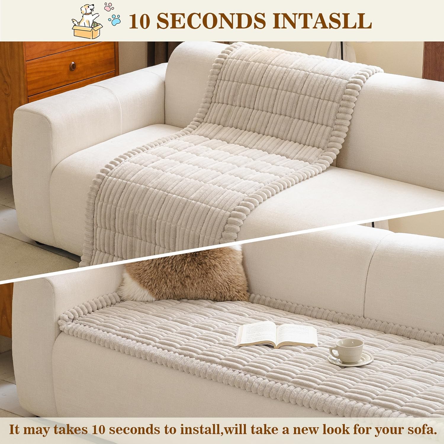 MYSKY HOME Couch Covers for 3-4 Cushion Sofa Pet Friendly, Couch Cover for Dogs, Sofa Covers for Pets Washable, Soft Non-Slip Sofa Slipcovers Furniture Protector Covers, Oatmeal, 27.6" x 82.7"