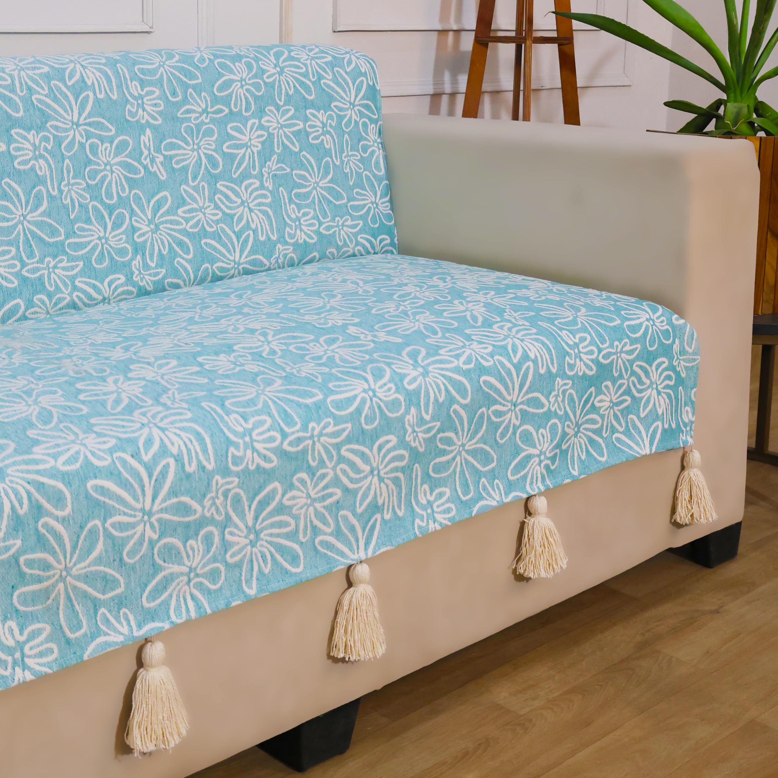 STITCHNEST 'Verdant Phool Stories' 1 Seater Sofa Cover – Full Coverage| Elegant Jacquard Fabric, Decorative Tassels, Washable & Durable for Modern Living