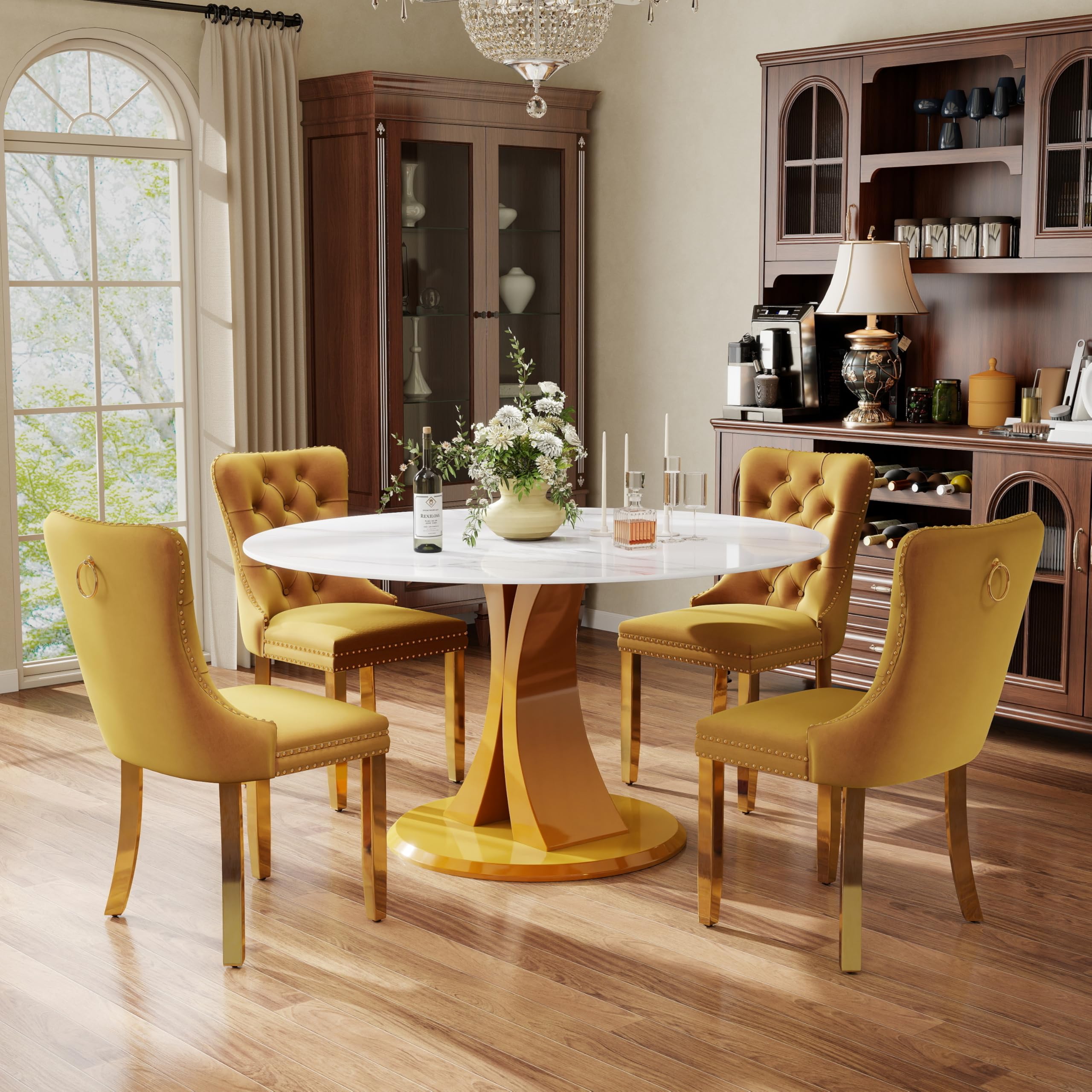 5-Piece Dining Table Set with 47In Faux Marble Table and 4 Velvet Upholstered Chairs, Modern Scandinavian Furniture for Dining Room Kitchen(Yellow&amp;Gold)