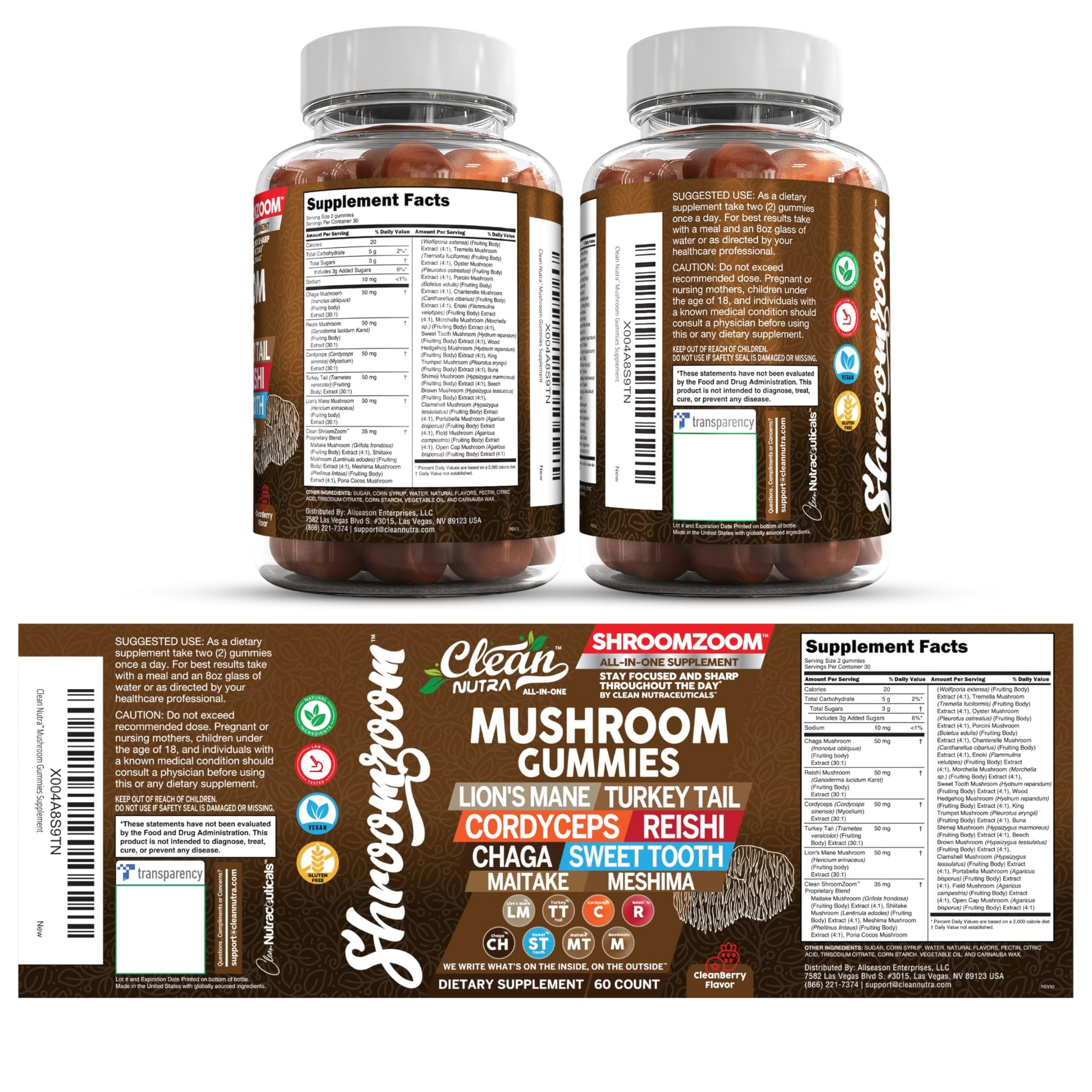 15in1 Mushroom Gummies with Lion's Mane Turkey Tail Cordyceps Reishi Chaga Sweet Toot Maitake Meshima Poria Cocos Shiitake Tremella, Oyster Agaricus Mushrooms for Men and Women Supplement Clean Nutra — Amazon image 11