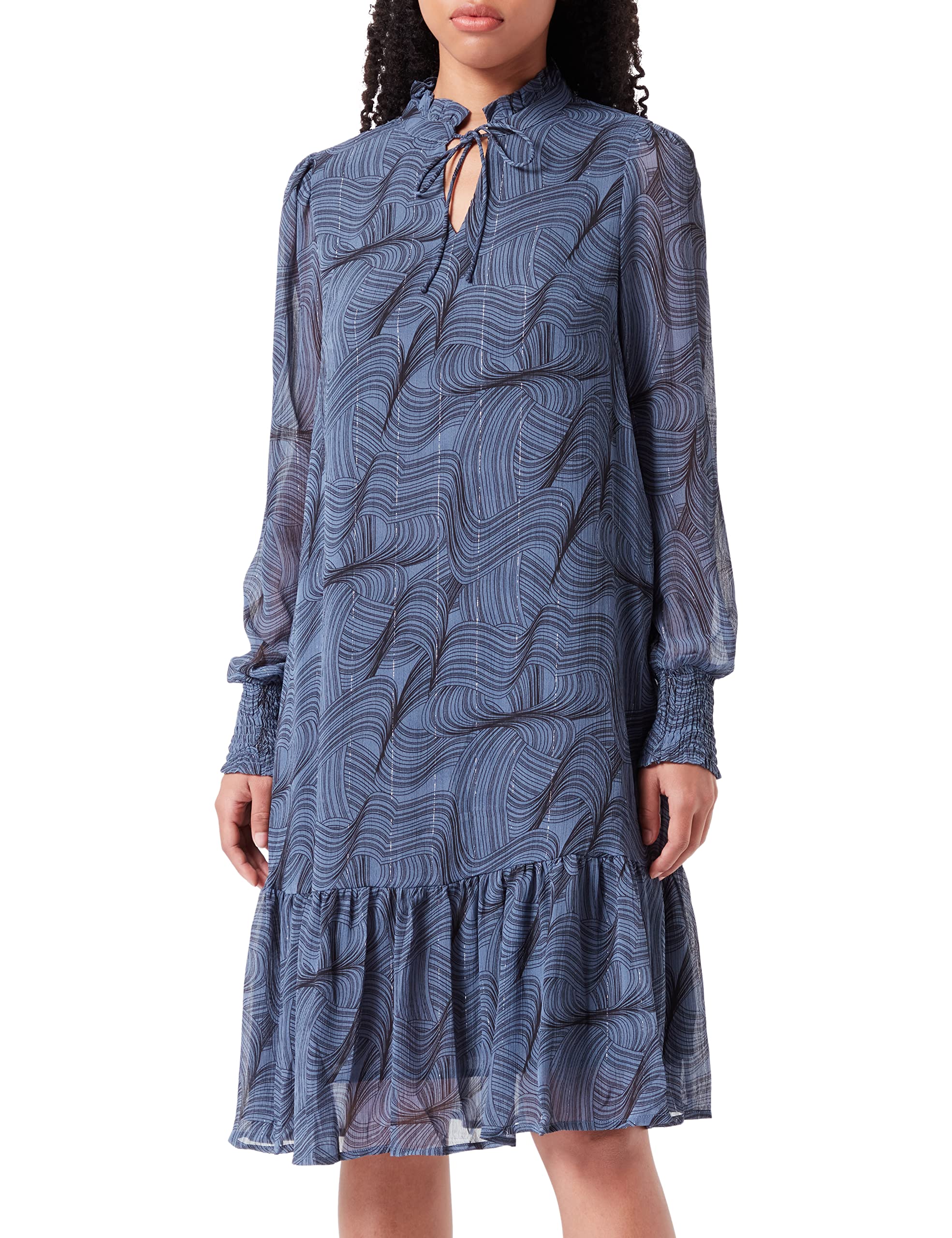 KAFFE Women's Cloth Dress Long Sleeves High Neck Tie Casual, Infinity Blue/Black Lines, 12